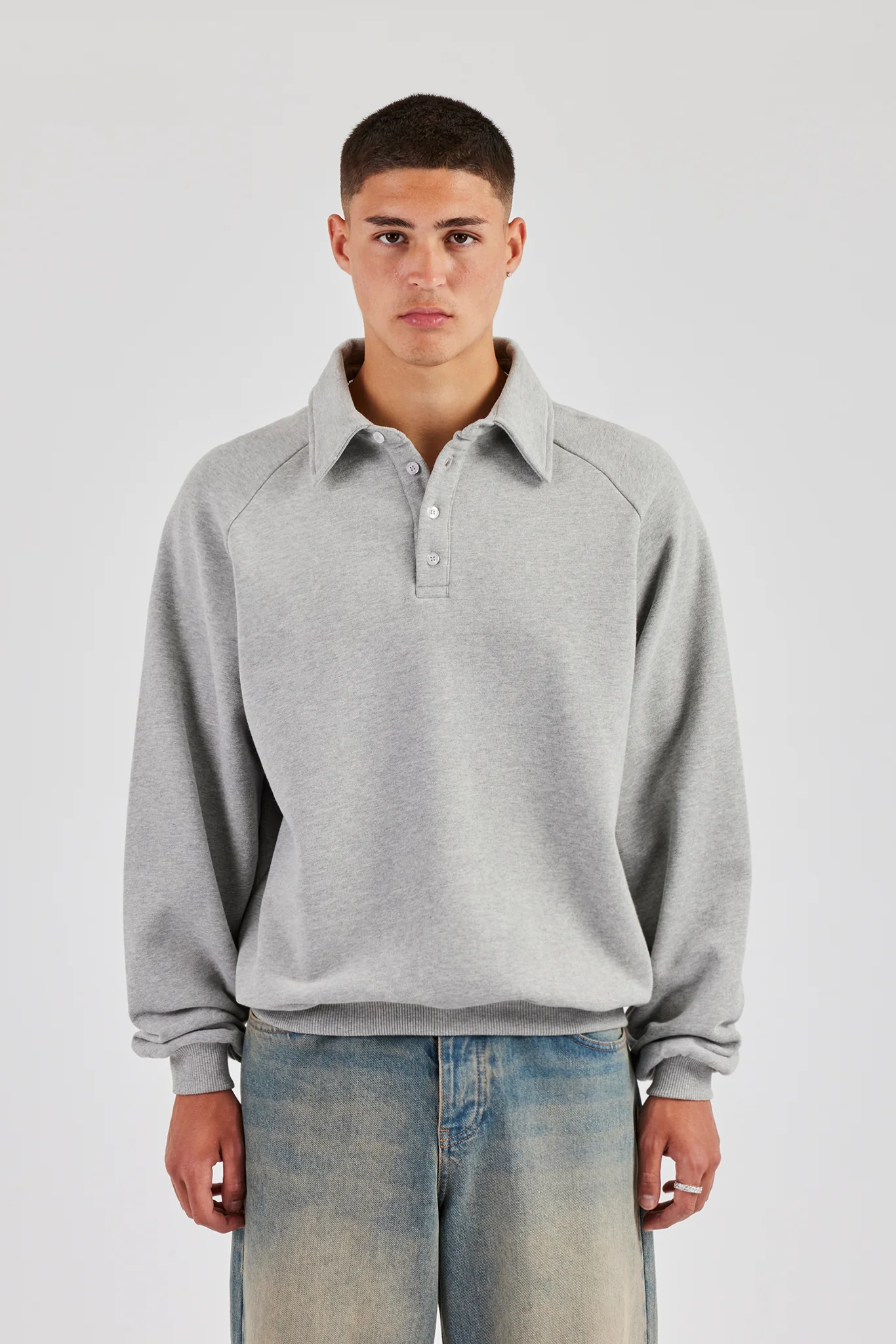 Relaxed Polo Sweatshirt - Grey Marl - Image 2