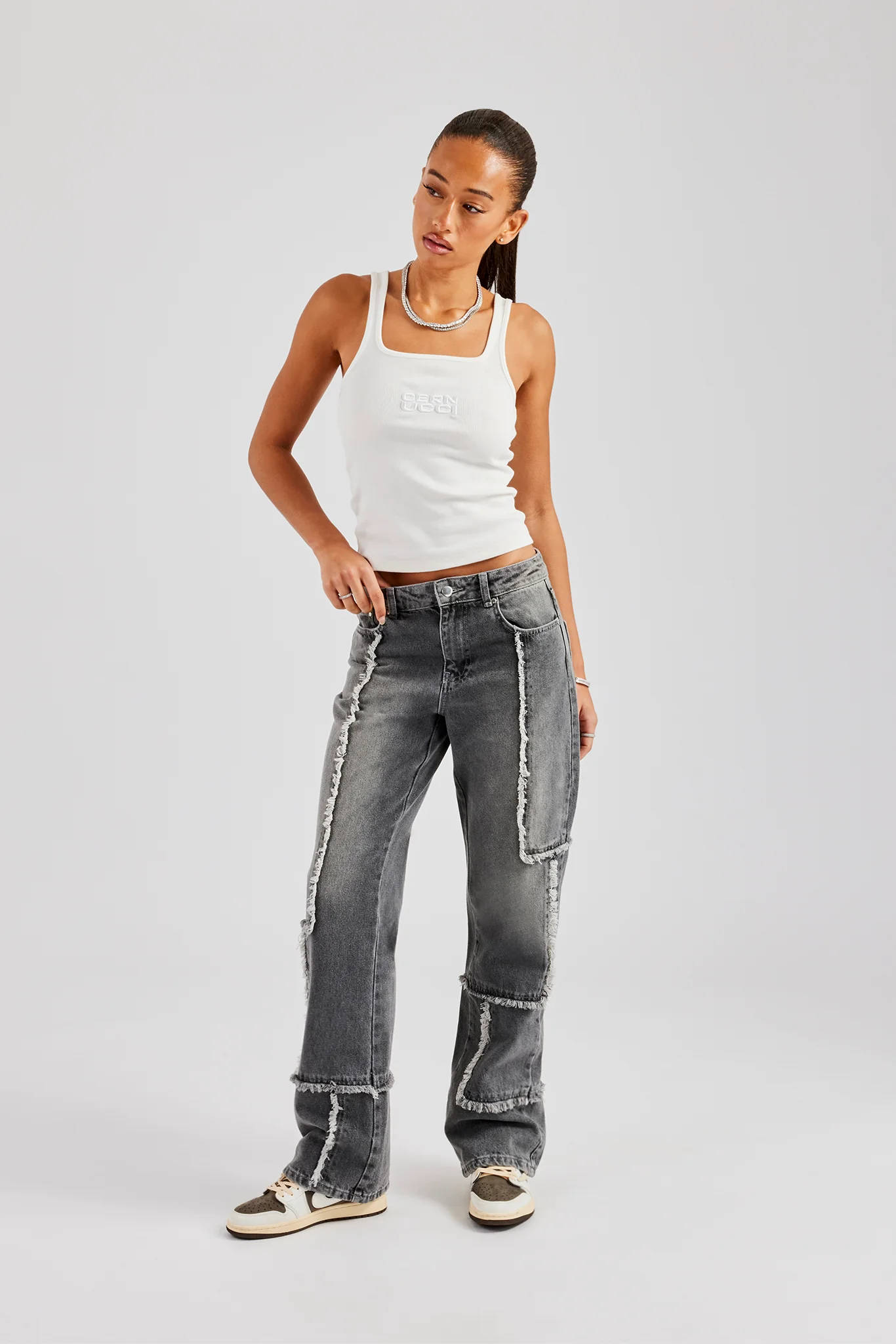 Relaxed Raw Edge Detail Jeans - Washed Grey - Image 2