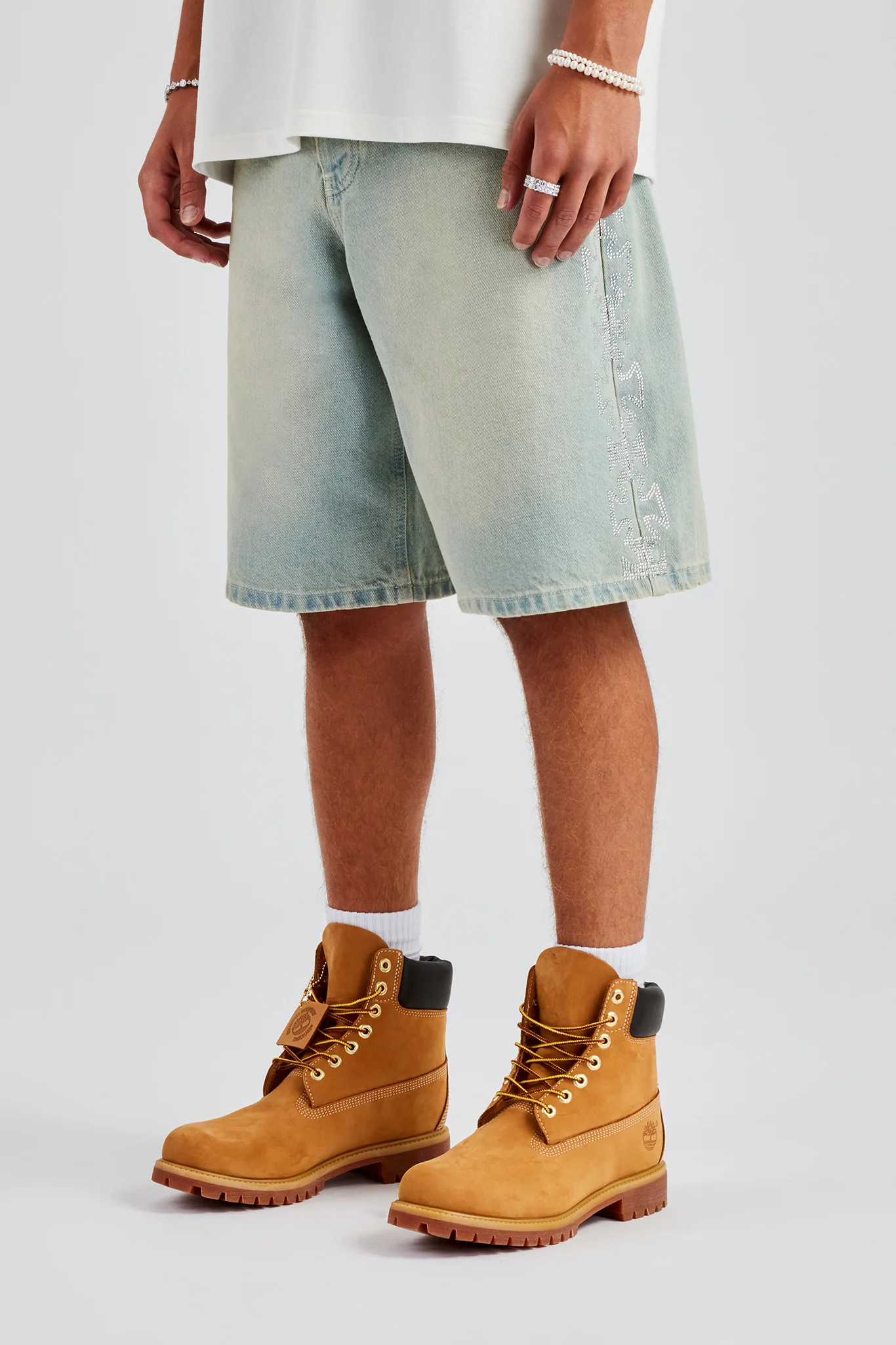 Relaxed Rhinestone Motif Bermuda Jorts - Bleach Wash - Image 2