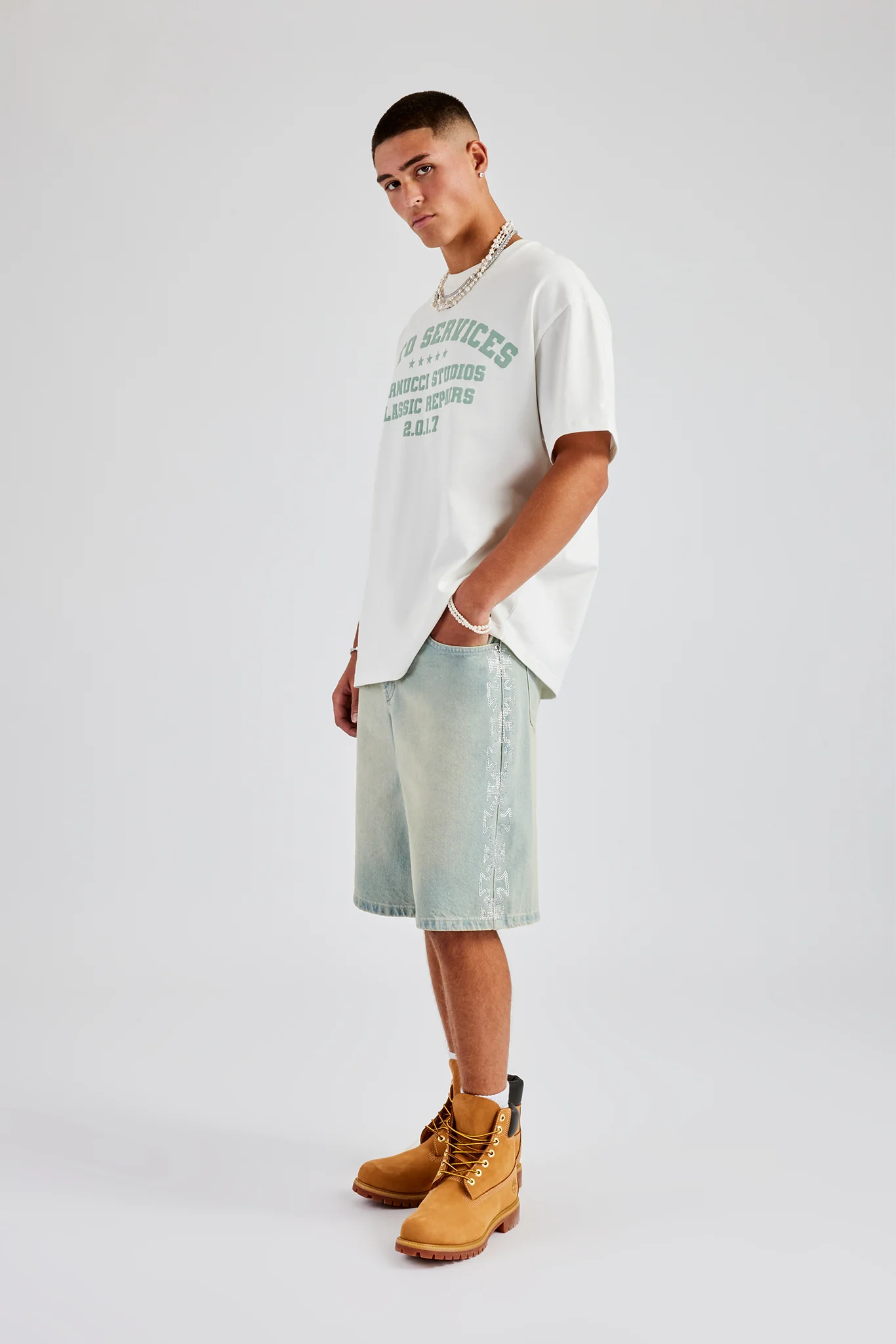 Relaxed Rhinestone Motif Bermuda Jorts - Bleach Wash - Image 4