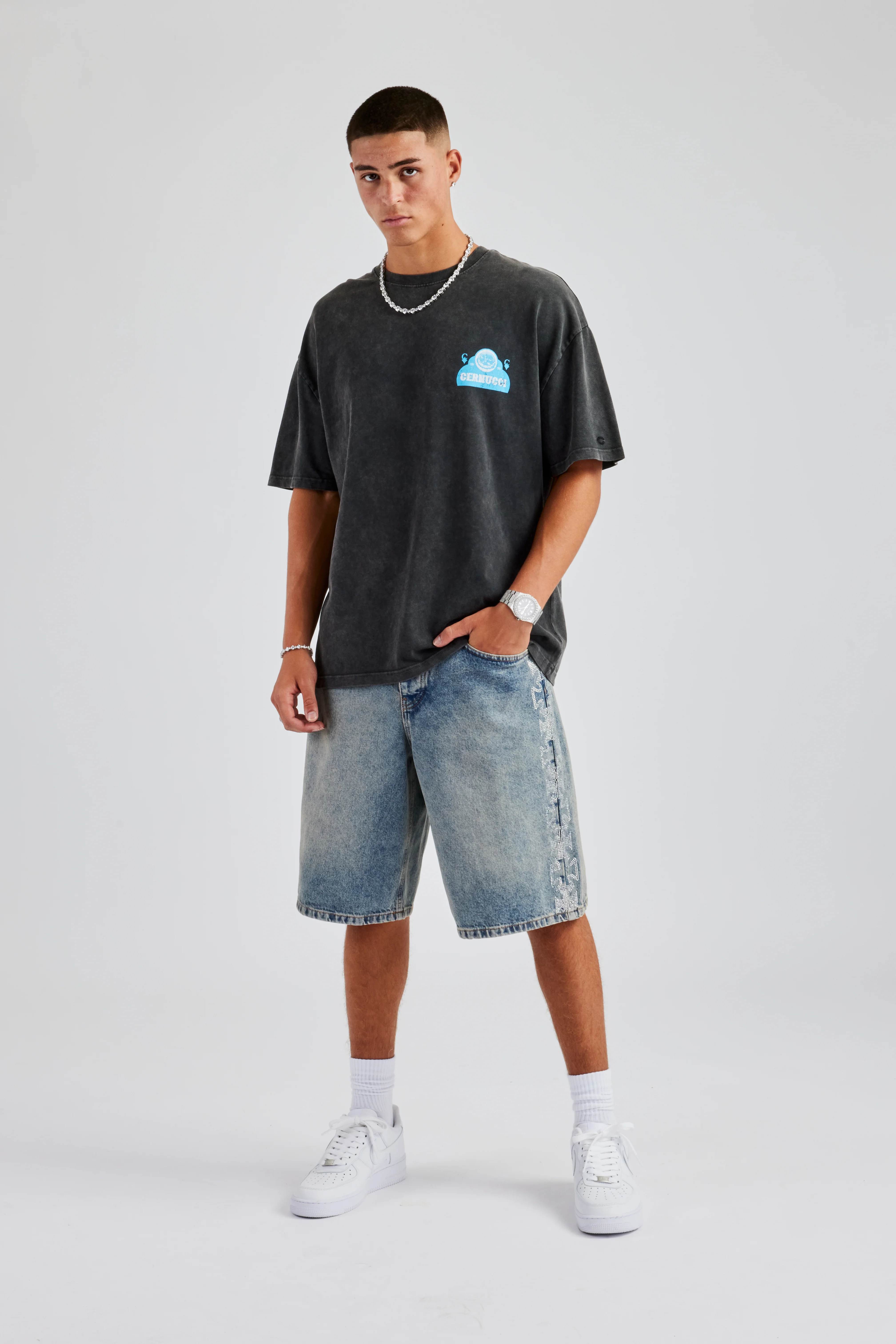 Relaxed Rhinestone Motif Bermuda Jorts - Mid Blue - Image 4