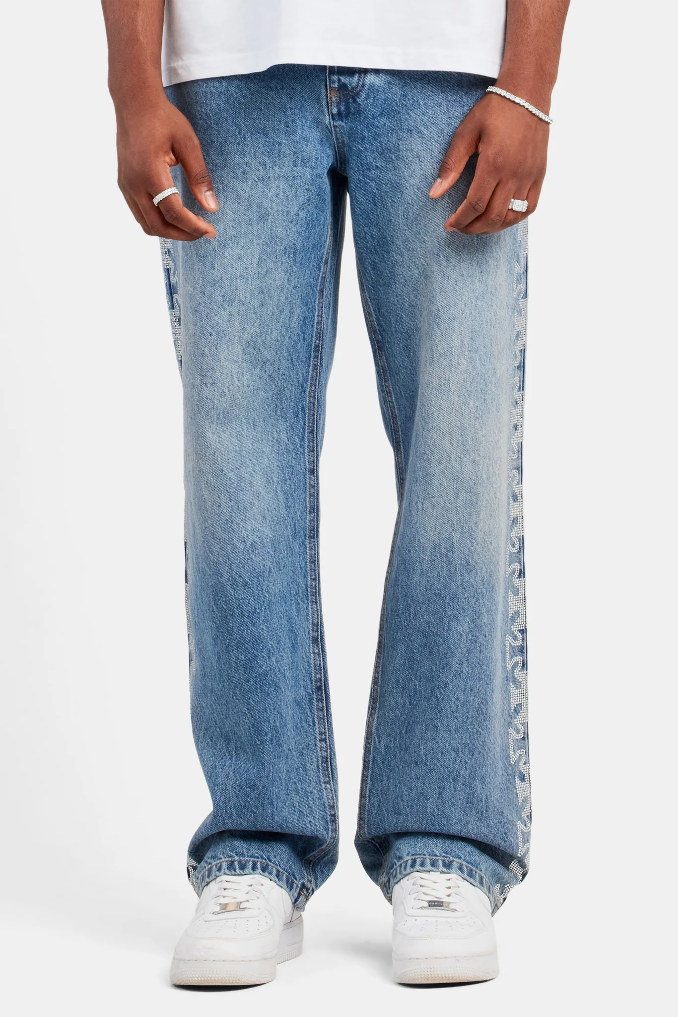 Relaxed Rhinestone Motif Jeans - Mid Blue - Image 3