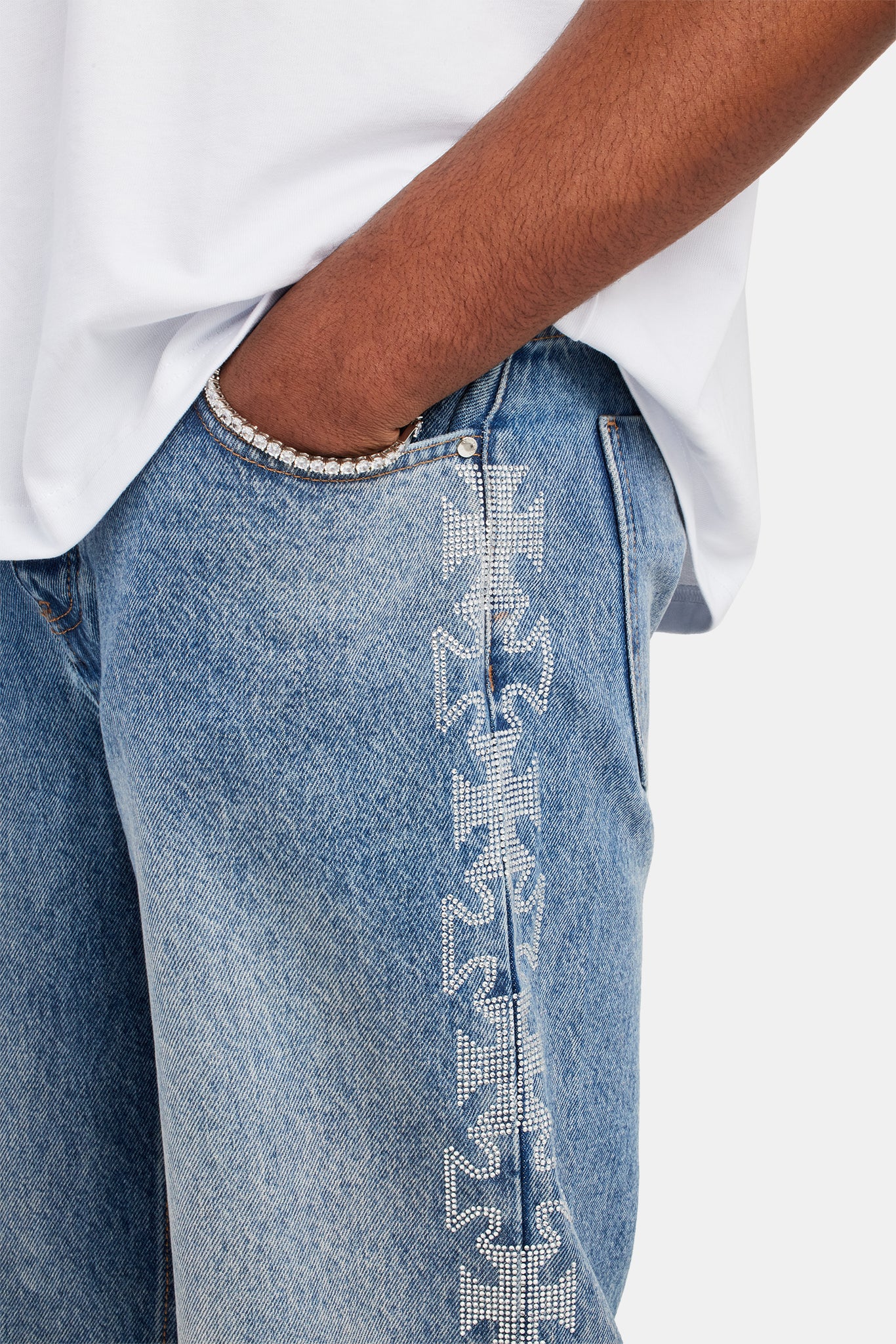 Relaxed Rhinestone Motif Jeans - Mid Blue - Image 4