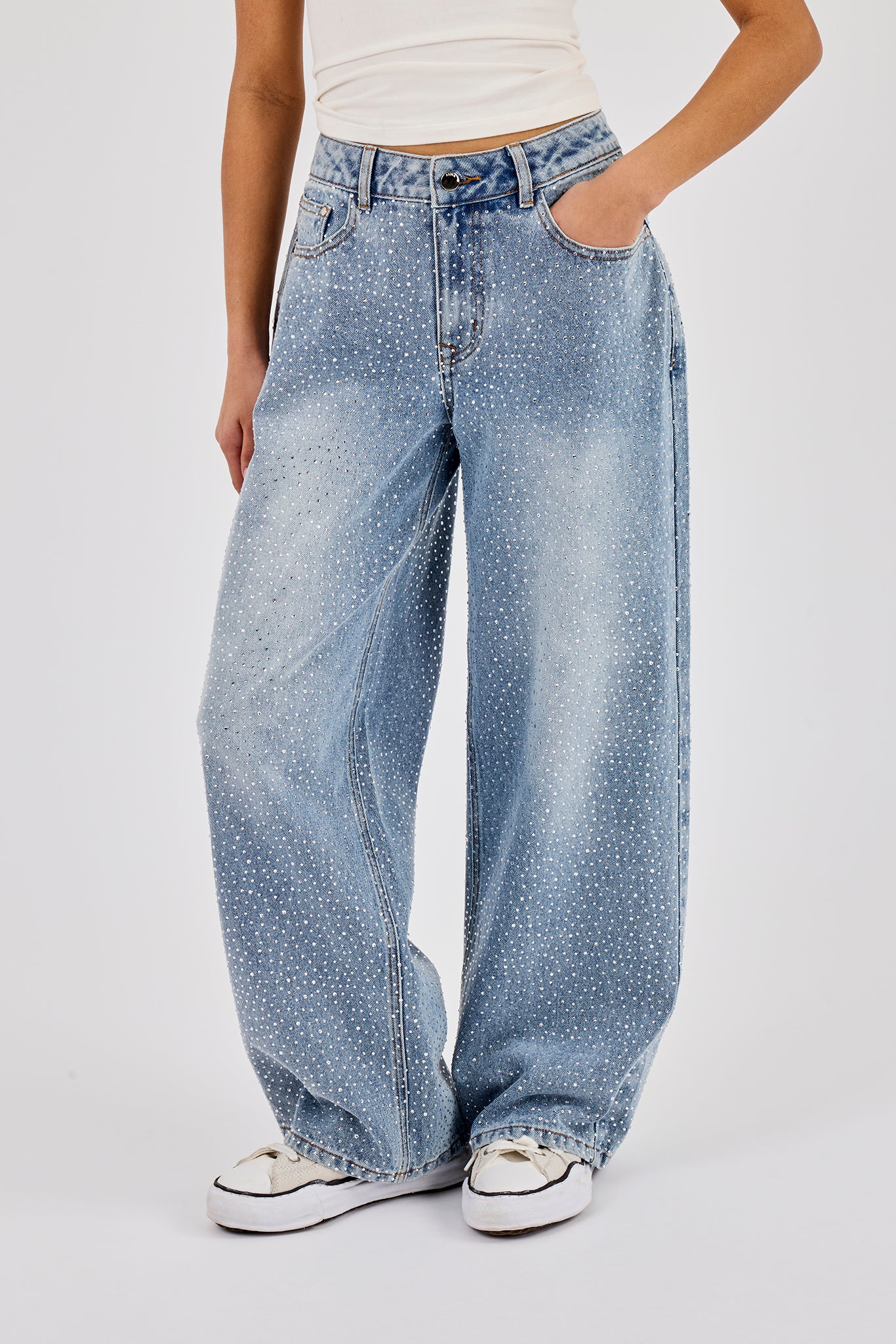 Rhinestone Baggy Low Rise Jean - Light Blue - Image 2