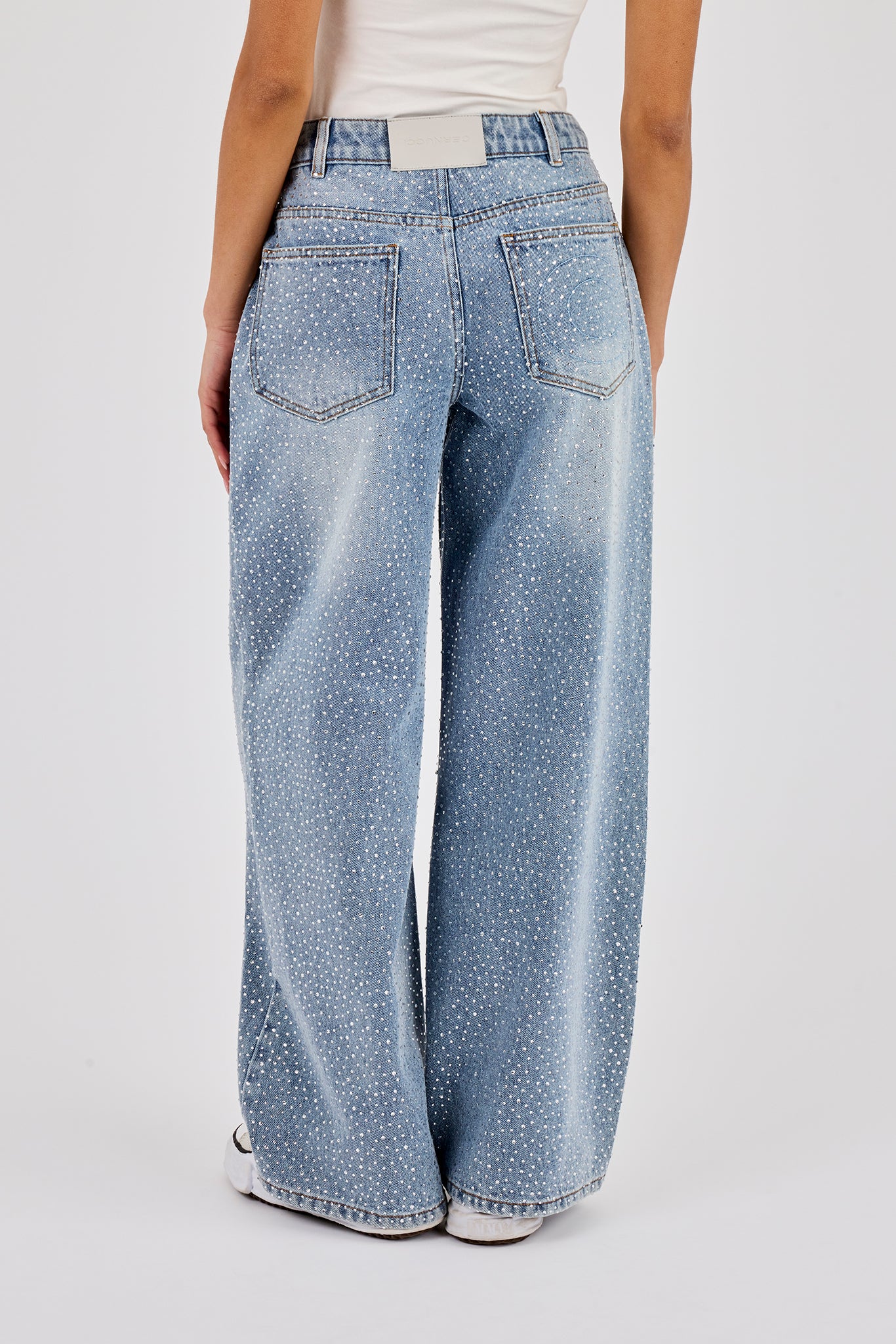 Rhinestone Baggy Low Rise Jean - Light Blue - Image 3
