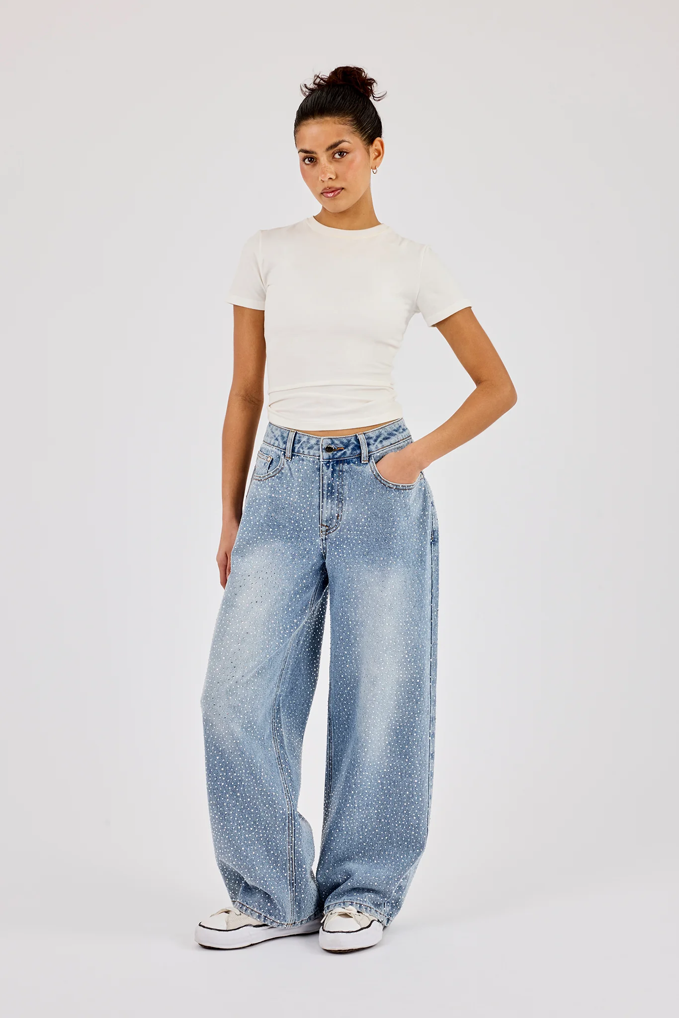 Rhinestone Baggy Low Rise Jean - Light Blue - Image 4
