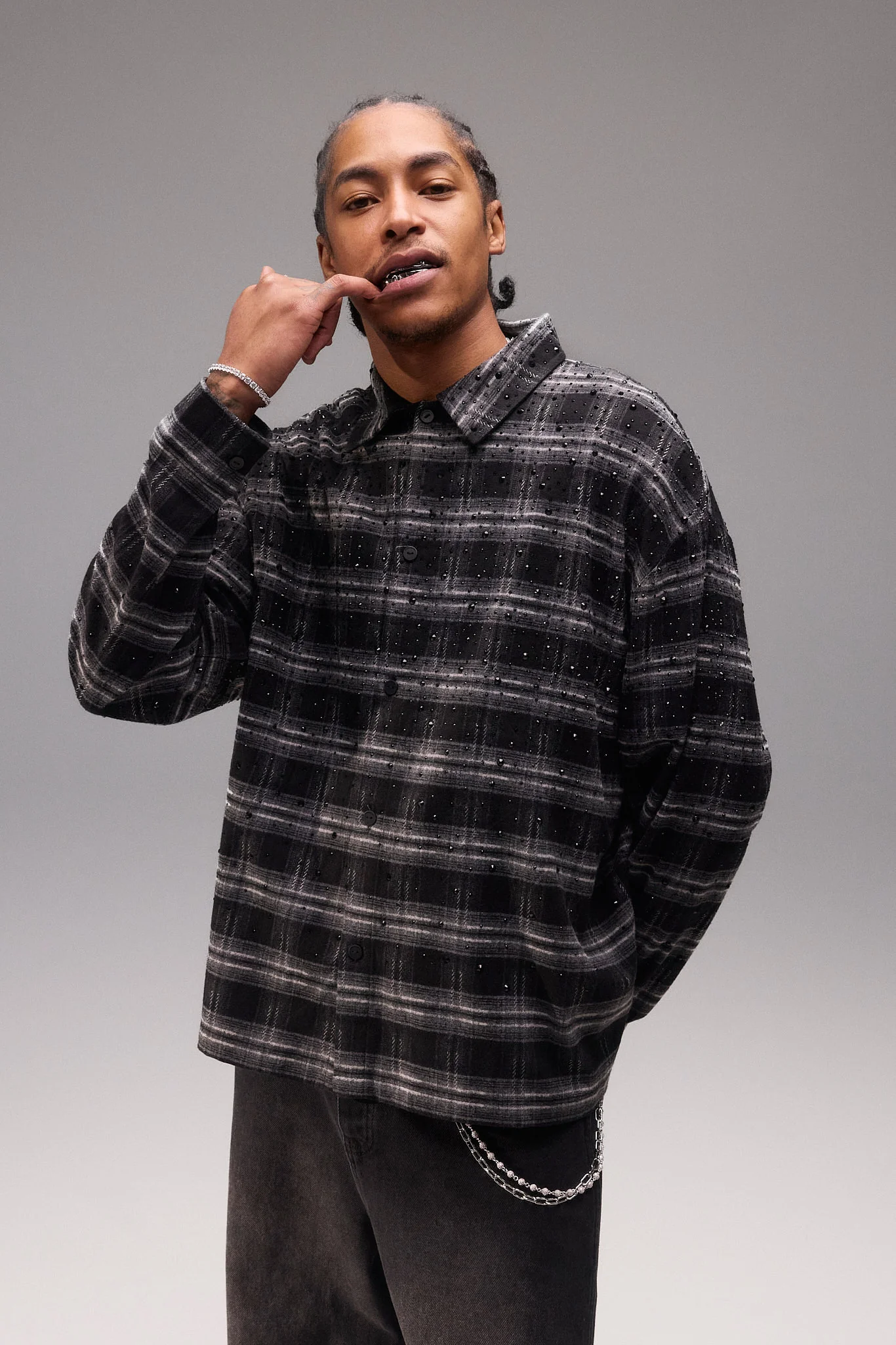 Rhinestone Check Shirt - Black - Image 2