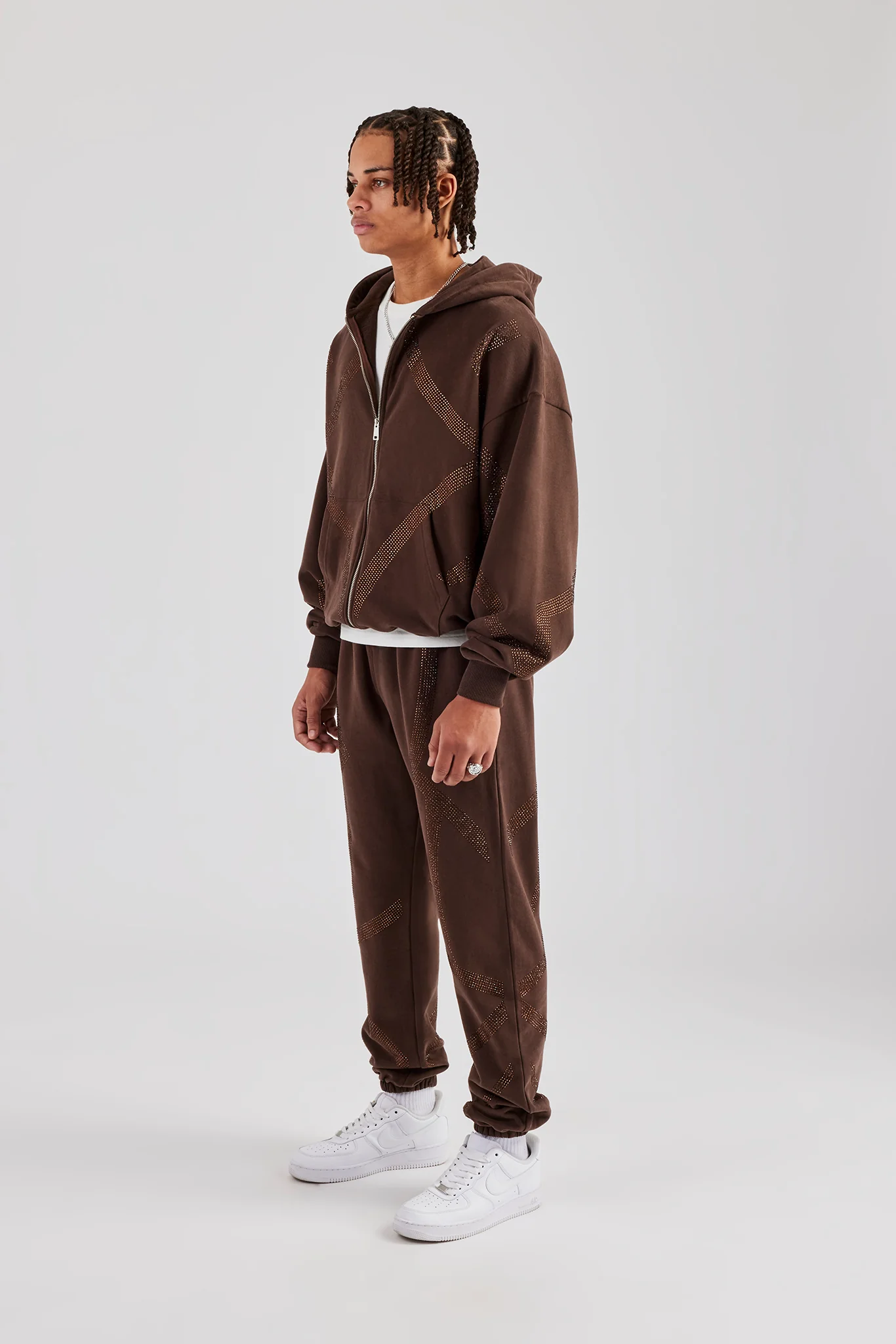 Rhinestone Cross Zip Through Tracksuit - Brown - Image 2