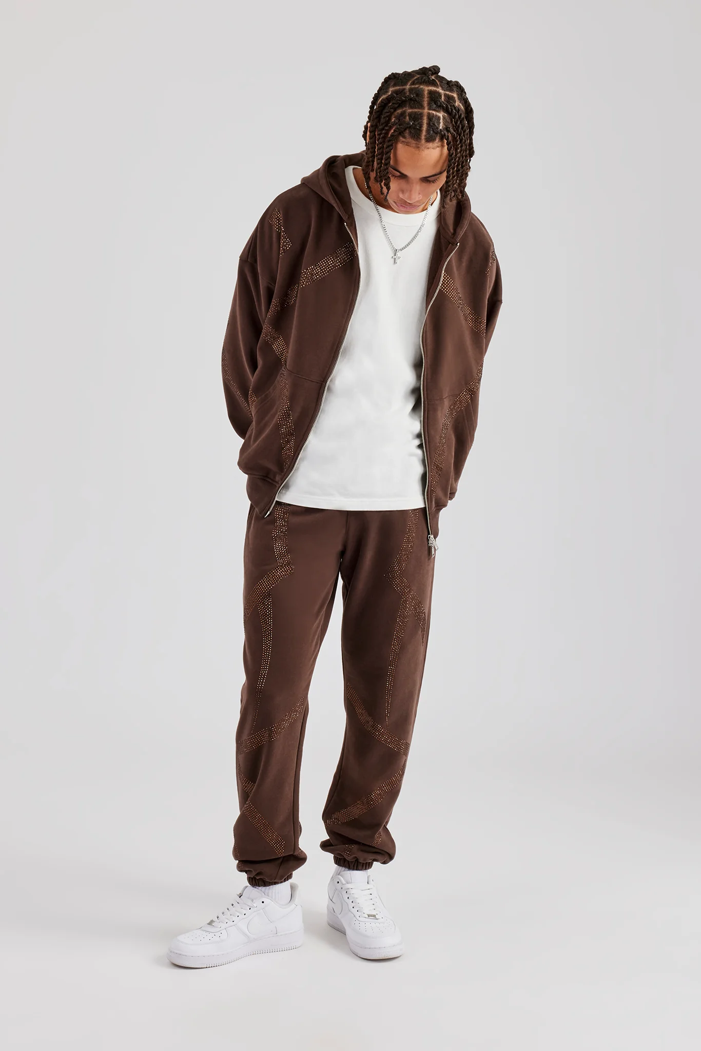 Rhinestone Cross Zip Through Tracksuit - Brown - Image 6