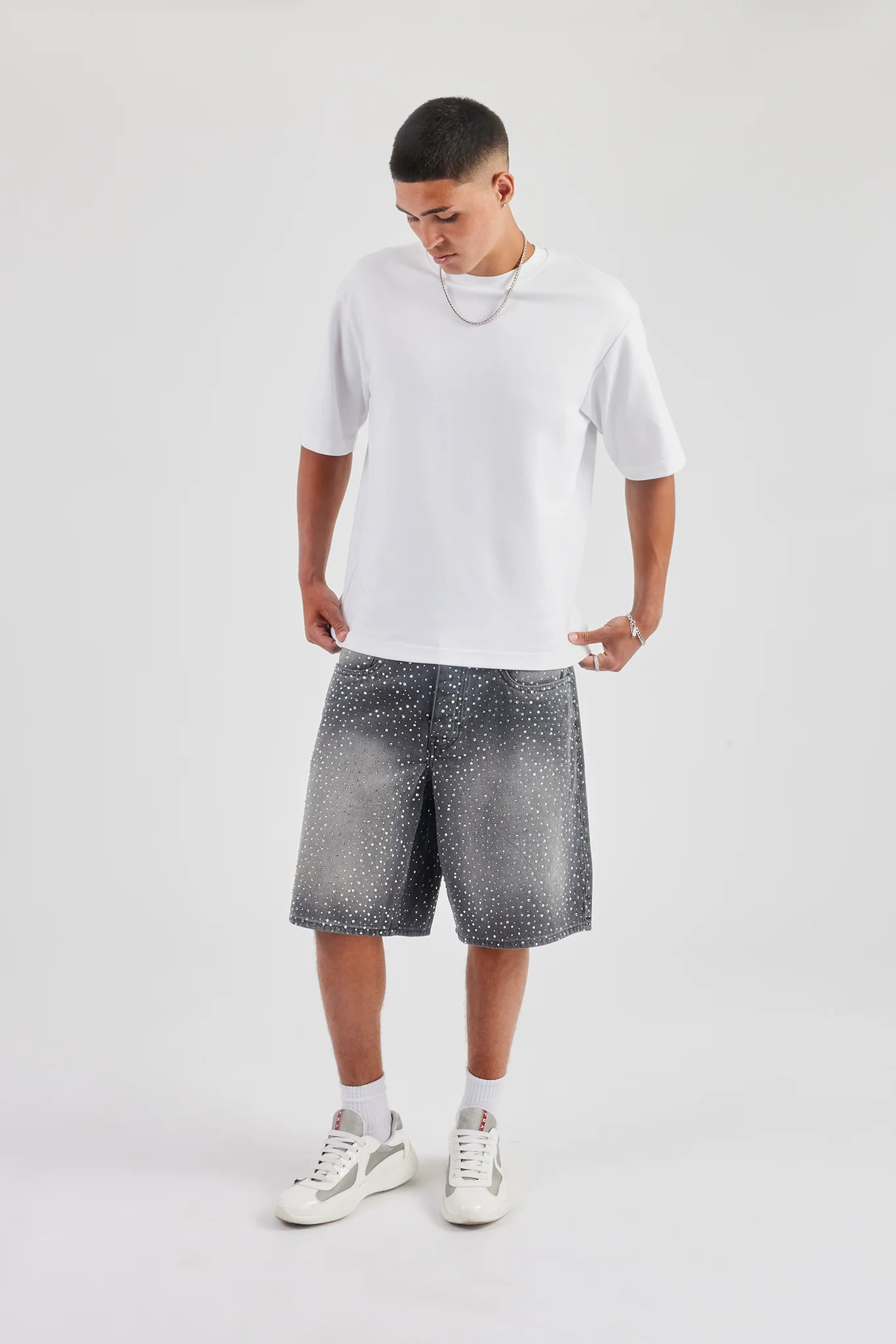 Rhinestone Denim Bermuda Jort - Washed Grey - Image 2