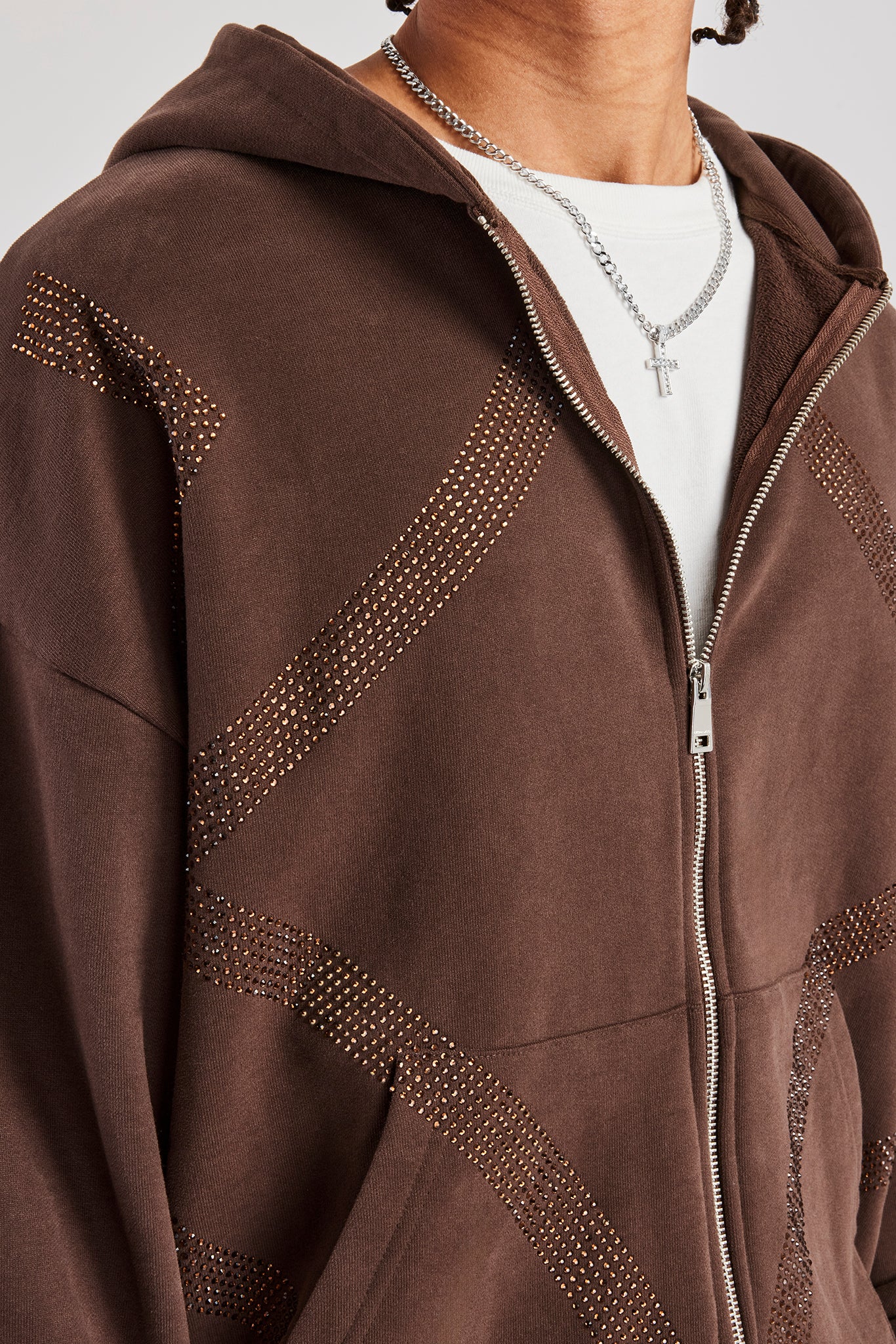 Rhinestone Diamond Zip Through Hoodie - Chocolate - Image 3