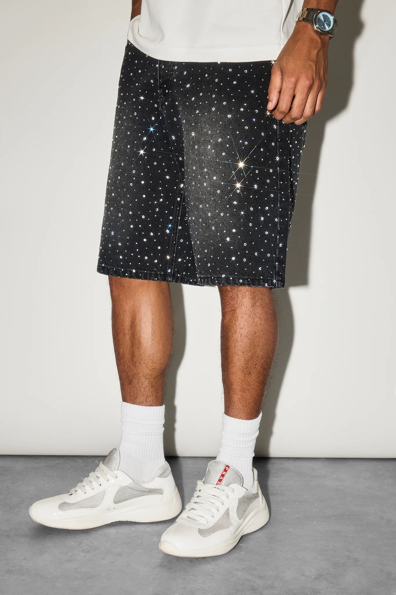 Rhinestone Denim Jort - Washed Black