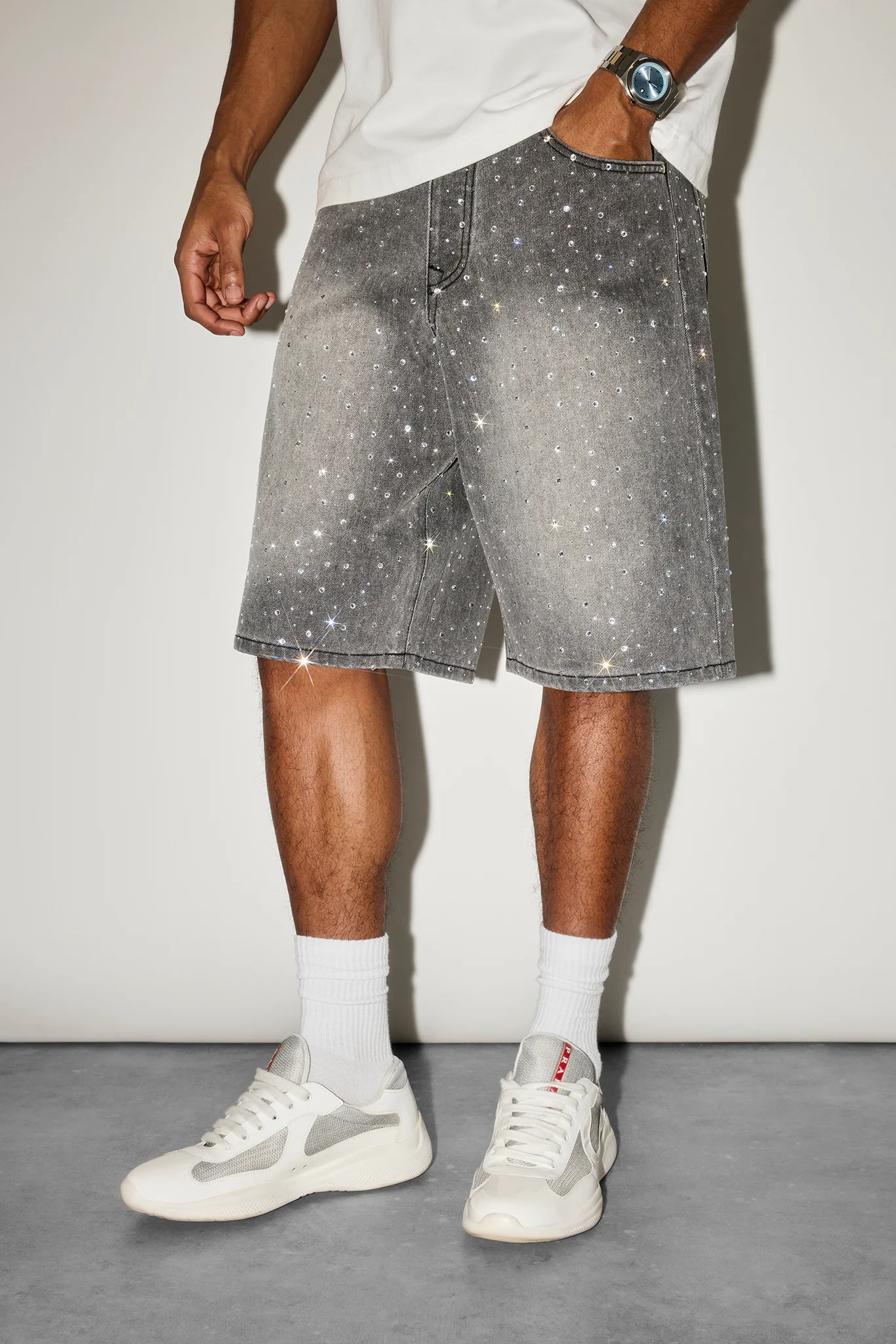 Rhinestone Denim Jort - Washed Grey - Image 3