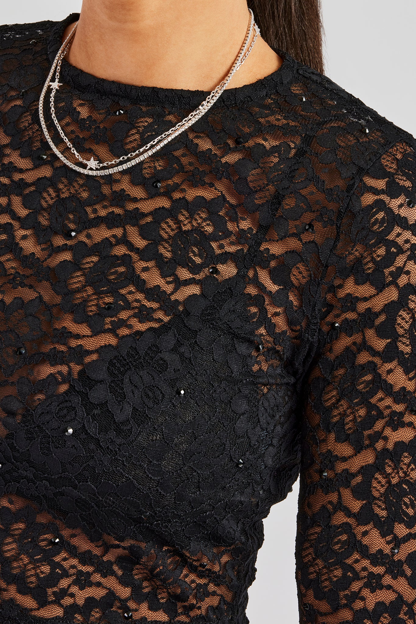 Rhinestone Long Sleeve Lace Top - Black - Image 4