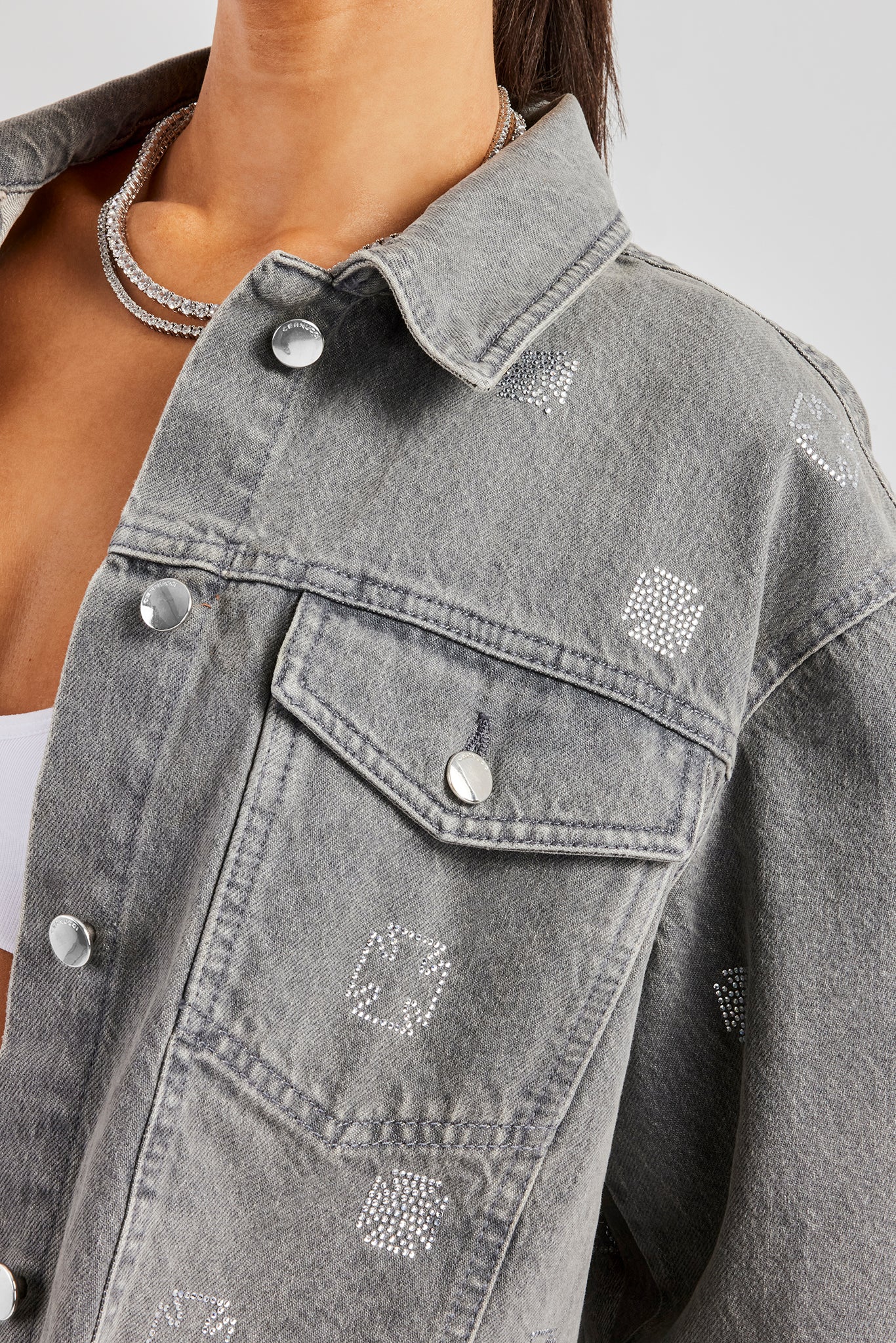 Rhinestone Motif Denim Jacket and Jean Set - Washed Grey - Image 4