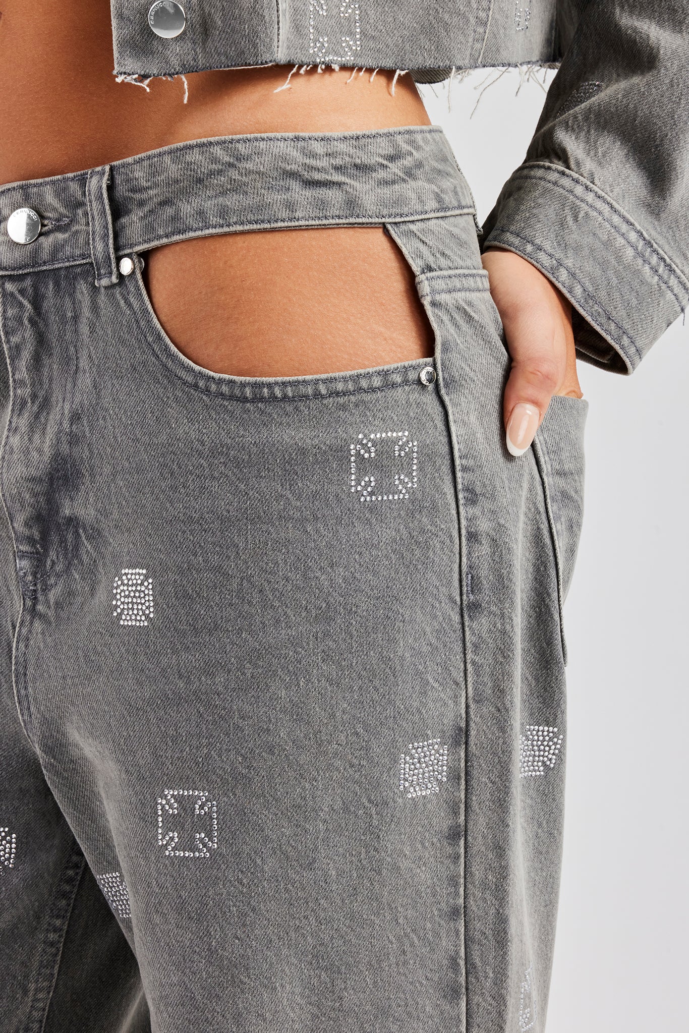 Rhinestone Motif Denim Jacket and Jean Set - Washed Grey - Image 5