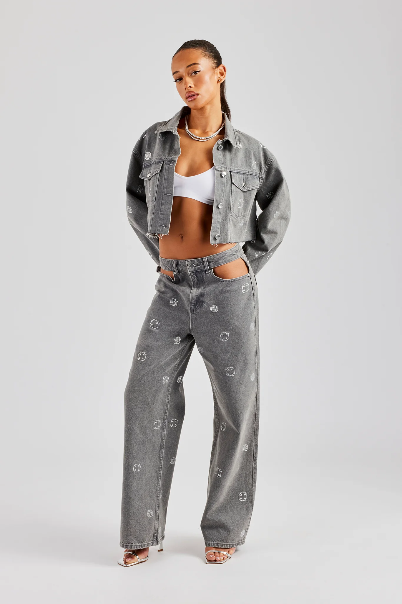 Rhinestone Motif Relaxed Denim Jacket - Washed Grey - Image 2
