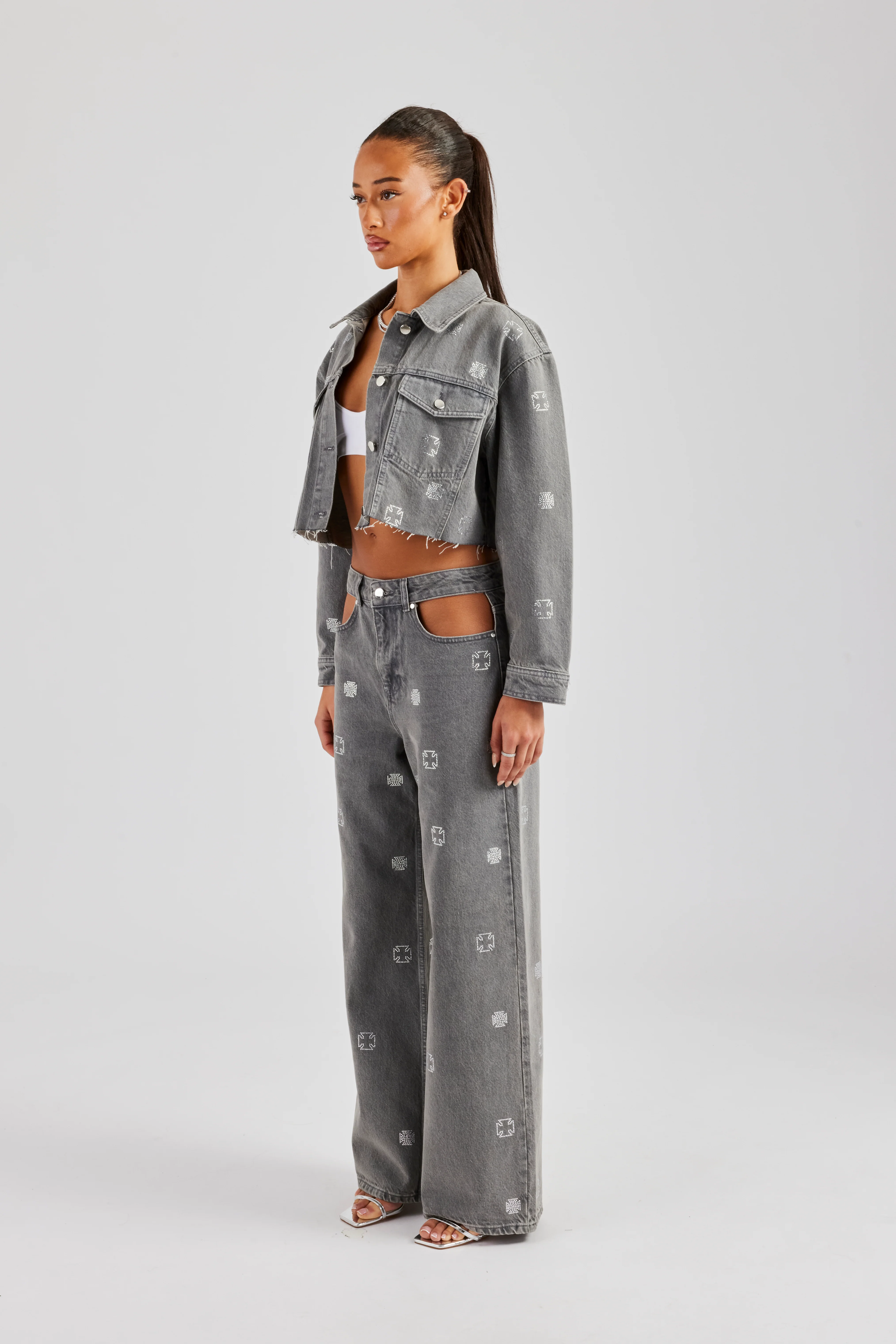 Rhinestone Motif Relaxed Denim Jean - Washed Grey - Image 3
