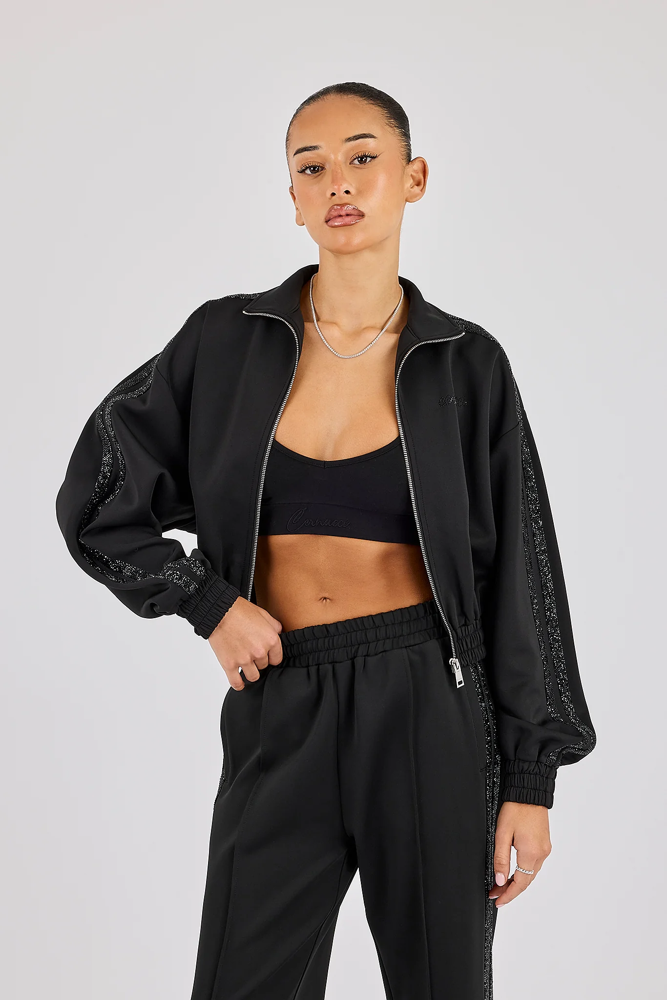 Rhinestone Taping Cropped Funnel Neck Jacket - Black - Image 2