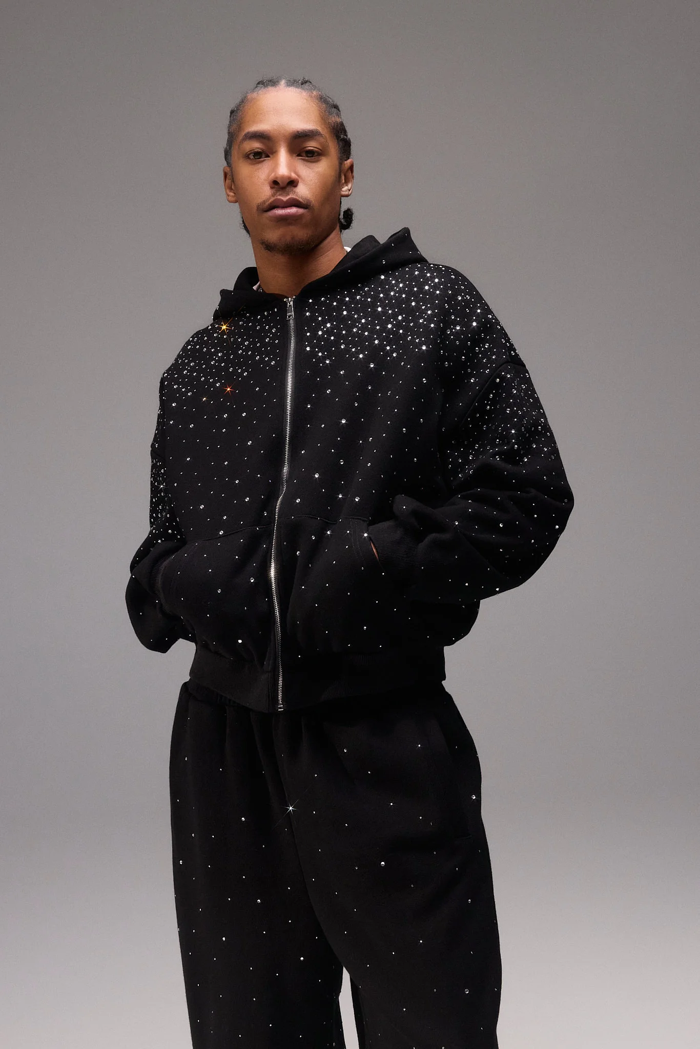 Rhinestone Zip Through Hoodie - Black
