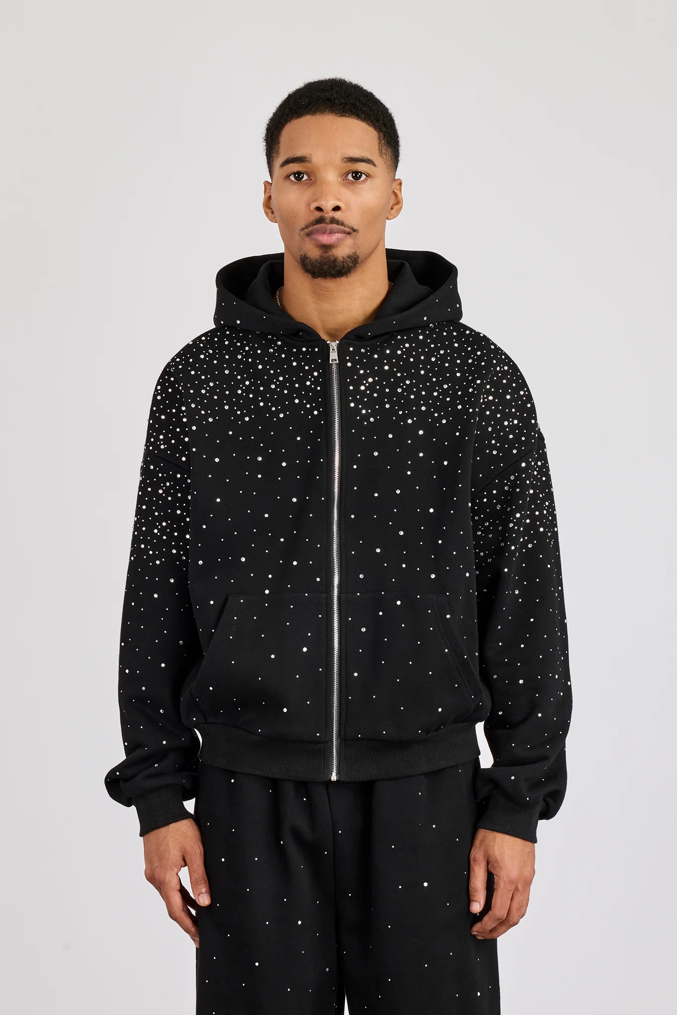 Rhinestone Zip Through Hoodie - Black - Image 3