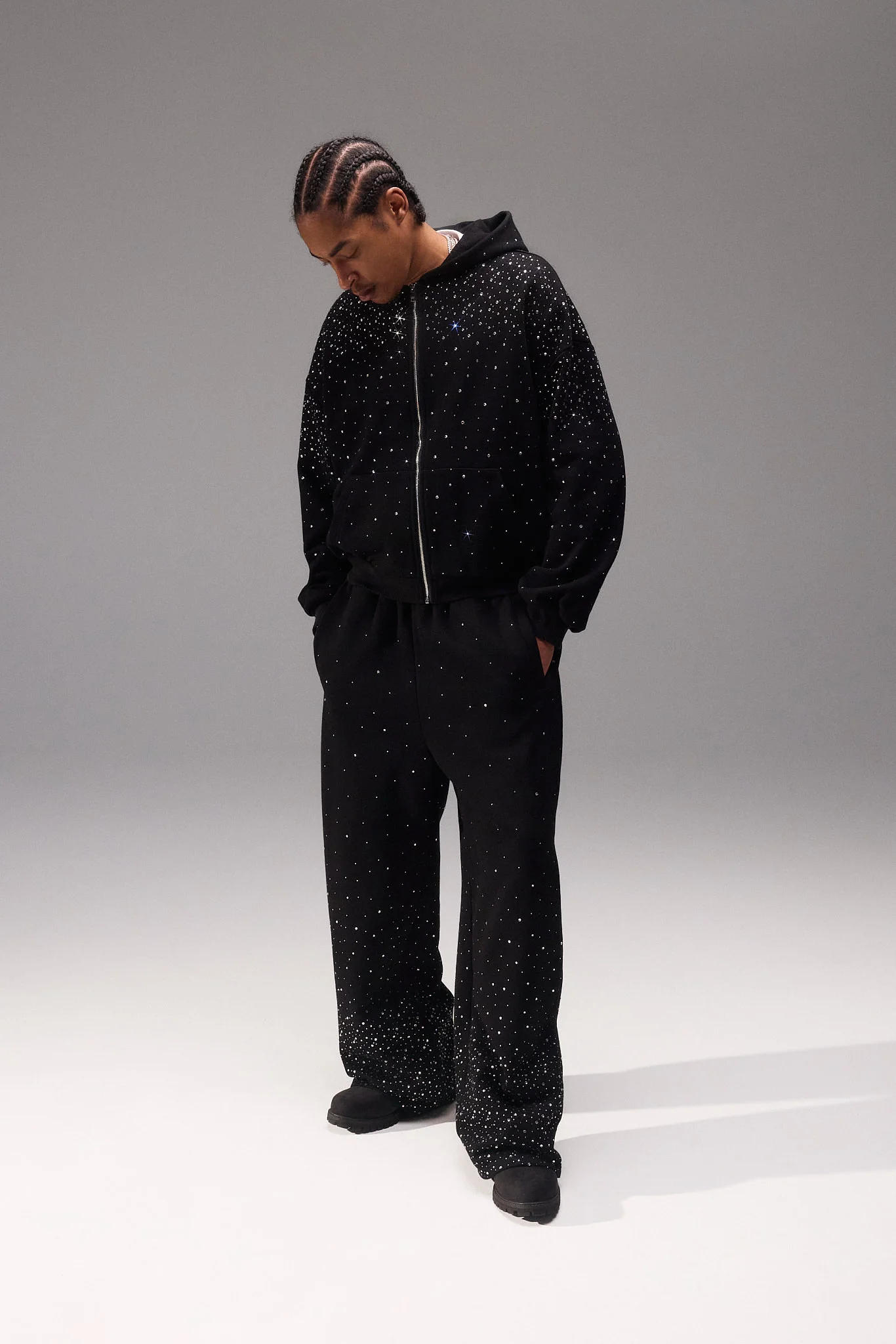 Rhinestone Zip Through Tracksuit - Black