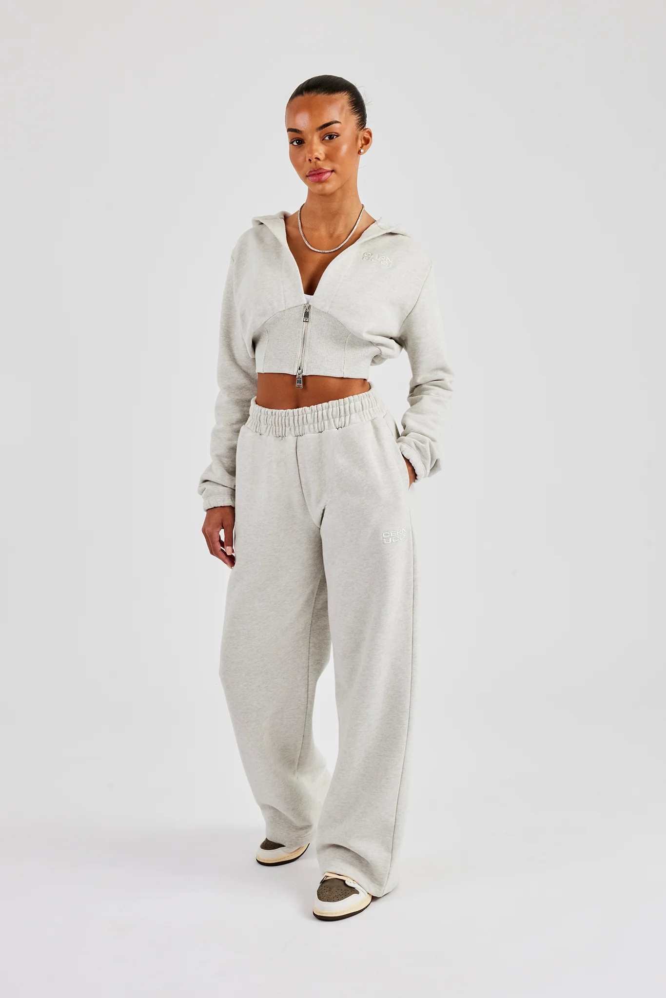 Rib Contrast Fitted Zip Hoodie - Ash Grey - Image 2