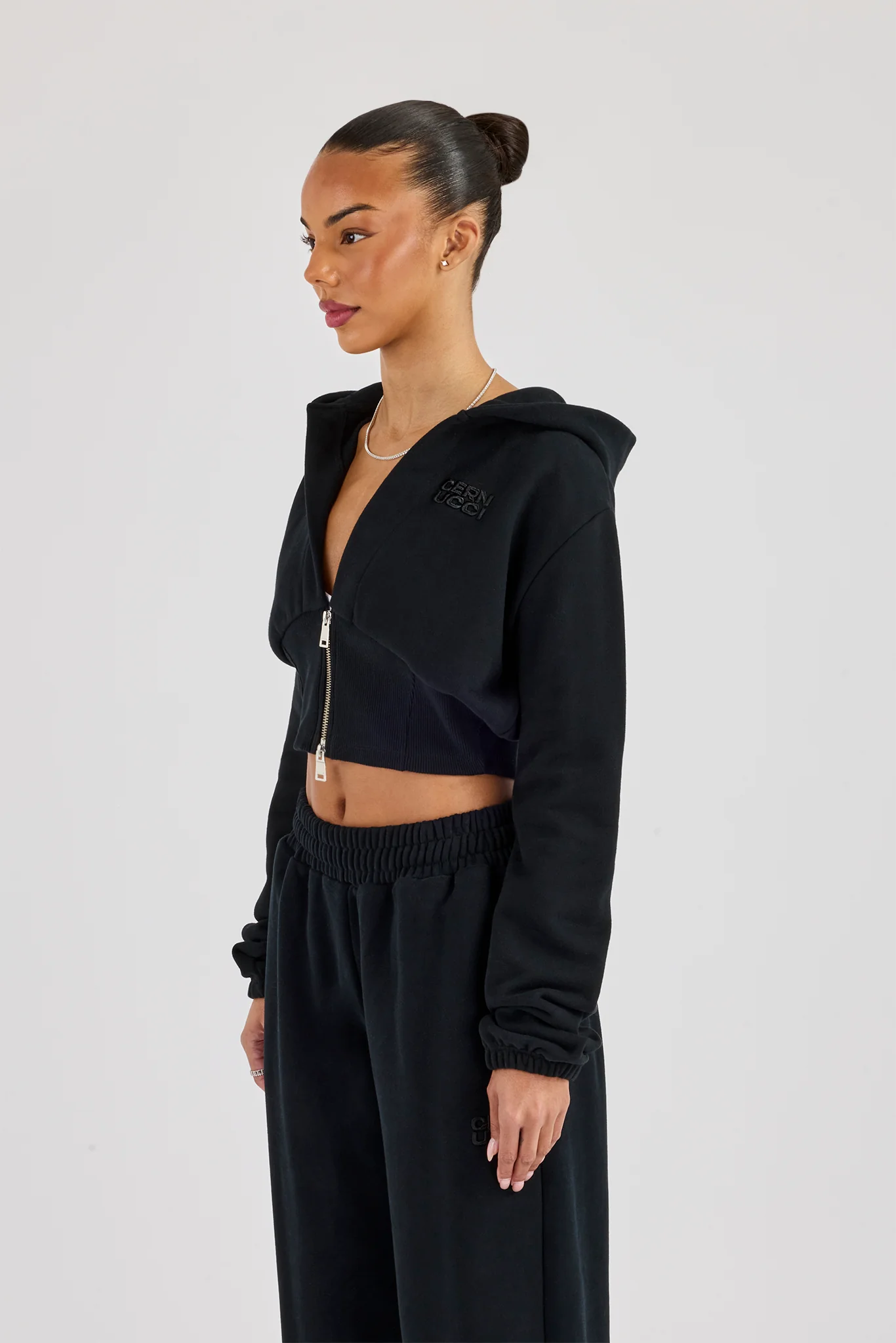 Rib Contrast Fitted Zip Hoodie - Black - Image 3