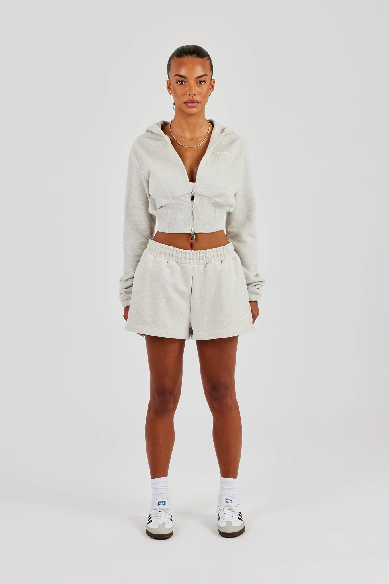 Rib Contrast Fitted Zip Hoodie & Embroidered Short - Ash Grey - Image 4