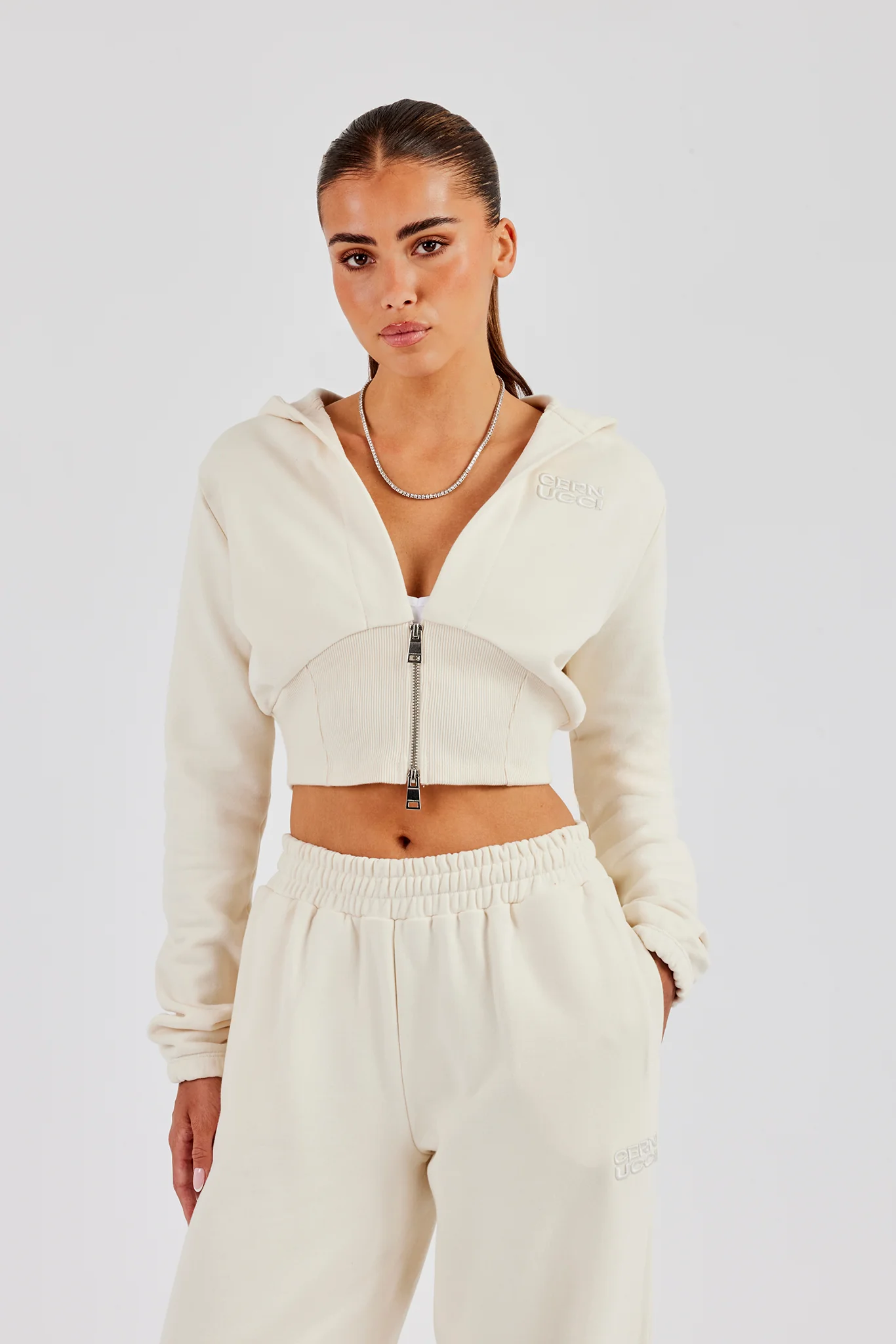 Rib Contrast Fitted Zip Hoodie - Off White - Image 2