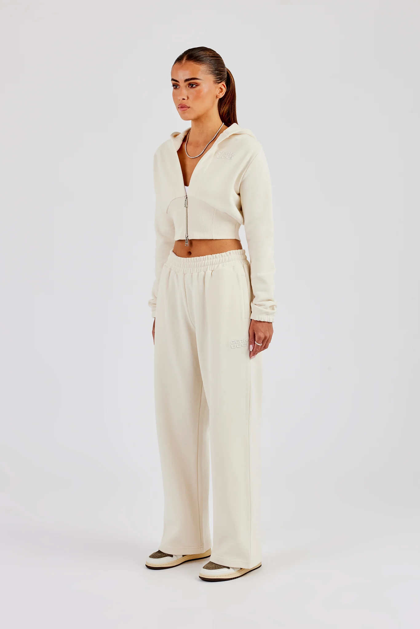 Rib Contrast Fitted Zip Hoodie & Wide Leg Jogger - Off White - Image 2