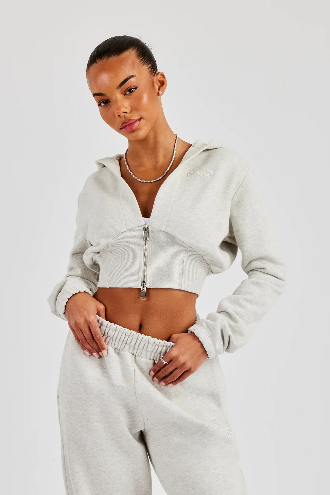 Rib Contrast Fitted Zip Tracksuit - Ash Grey - Image 2