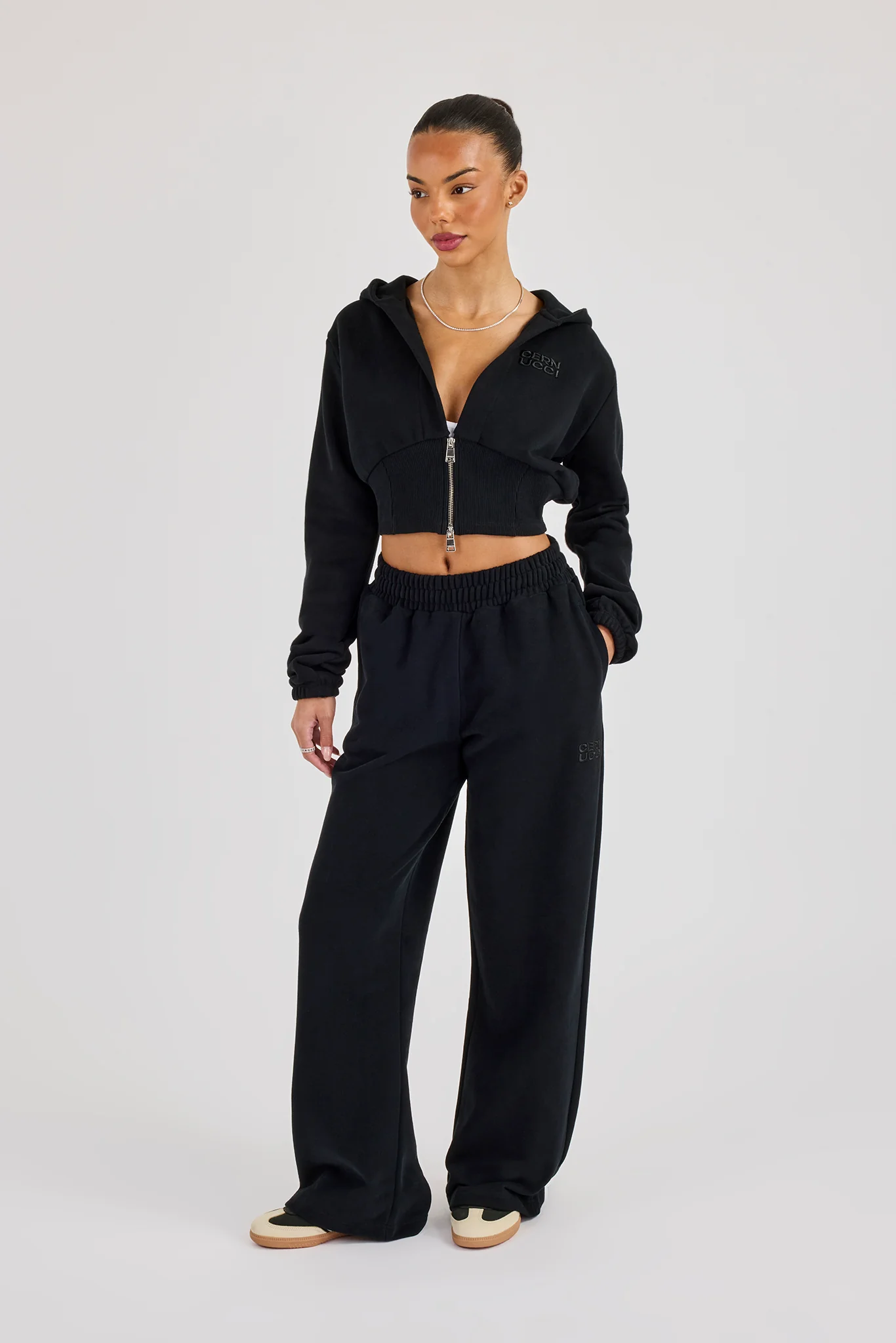 Rib Contrast Fitted Zip Tracksuit - Black