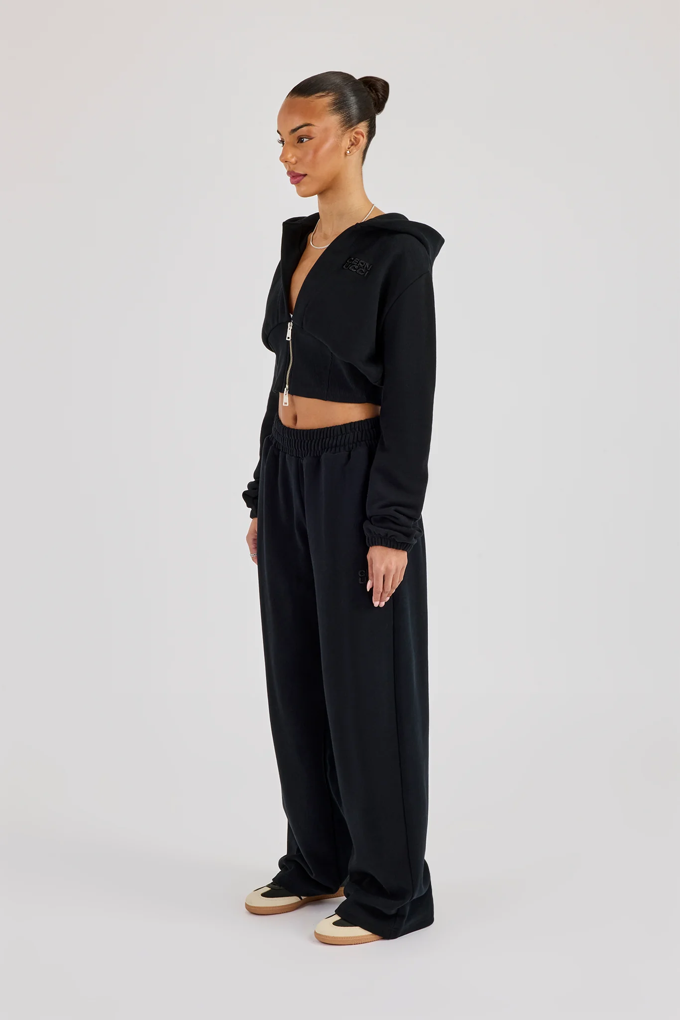 Rib Contrast Fitted Zip Tracksuit - Black - Image 2