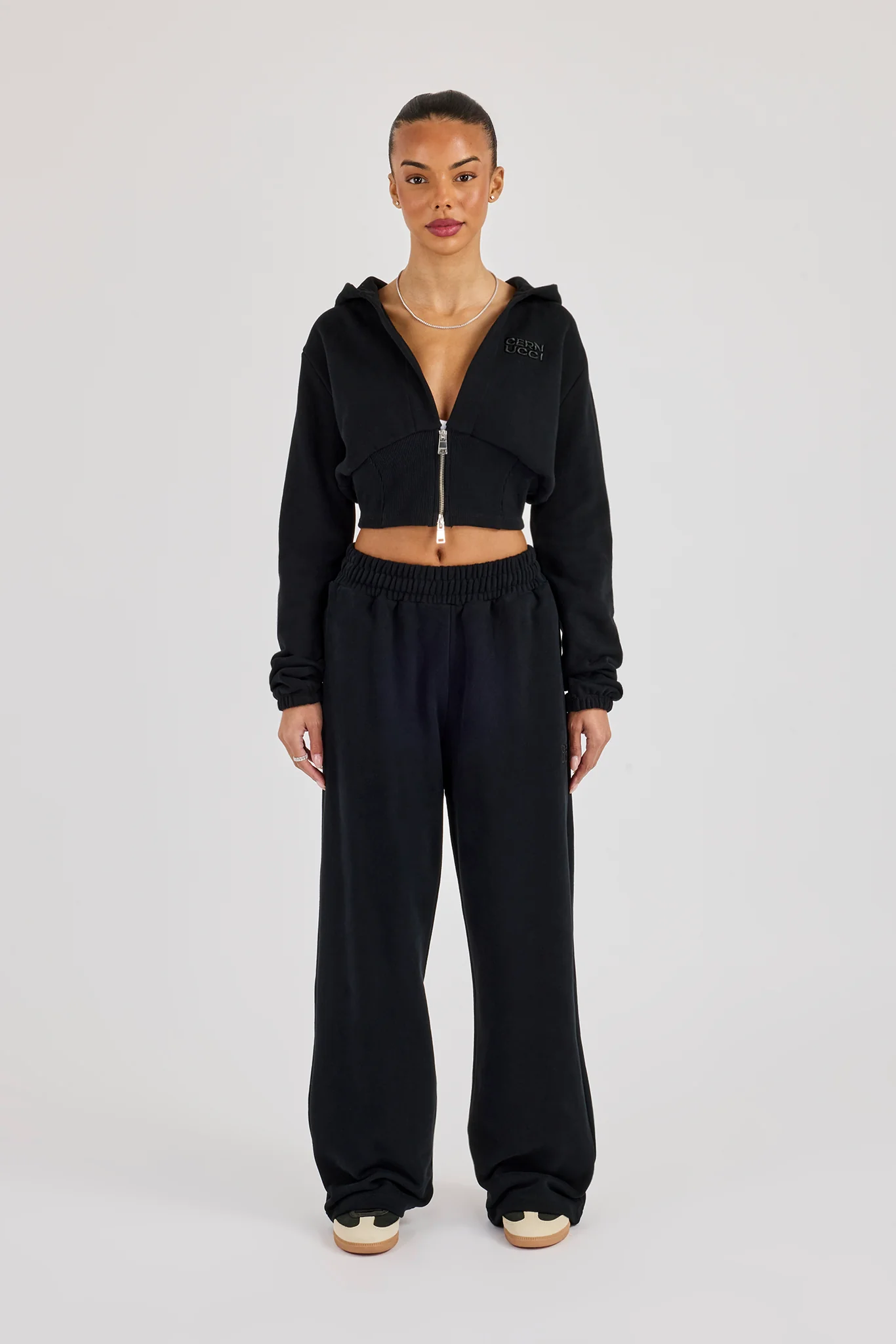 Rib Contrast Fitted Zip Tracksuit - Black - Image 4