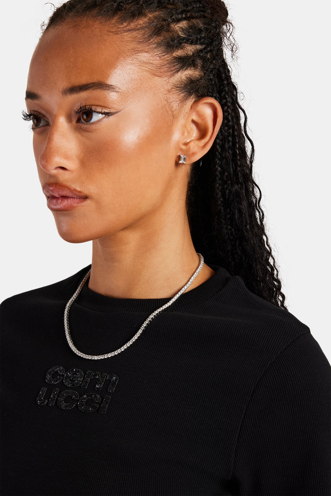 Rib Glitter Applique Baby Tee - Black - Image 4