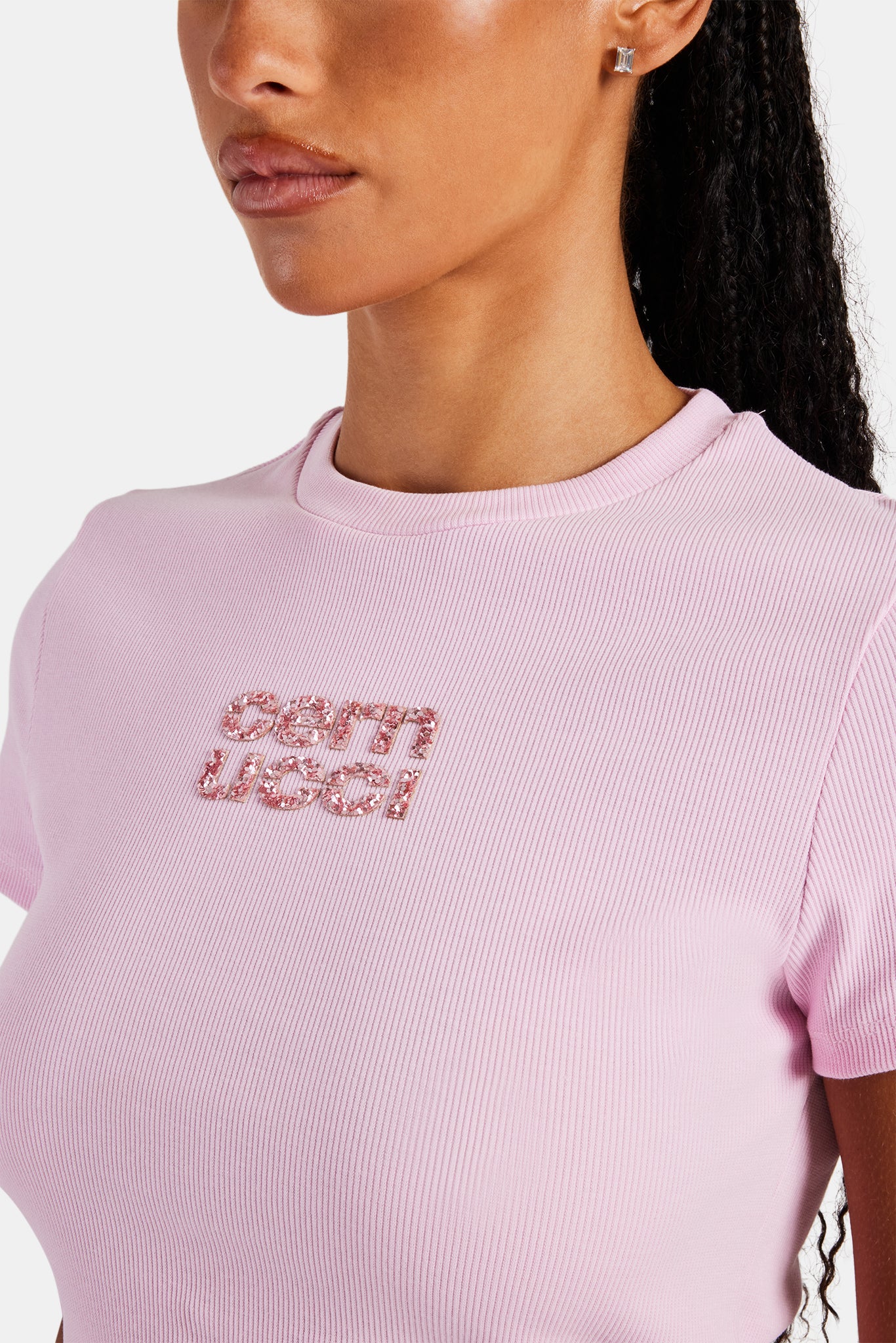 Rib Glitter Applique Baby Tee - Pink - Image 3