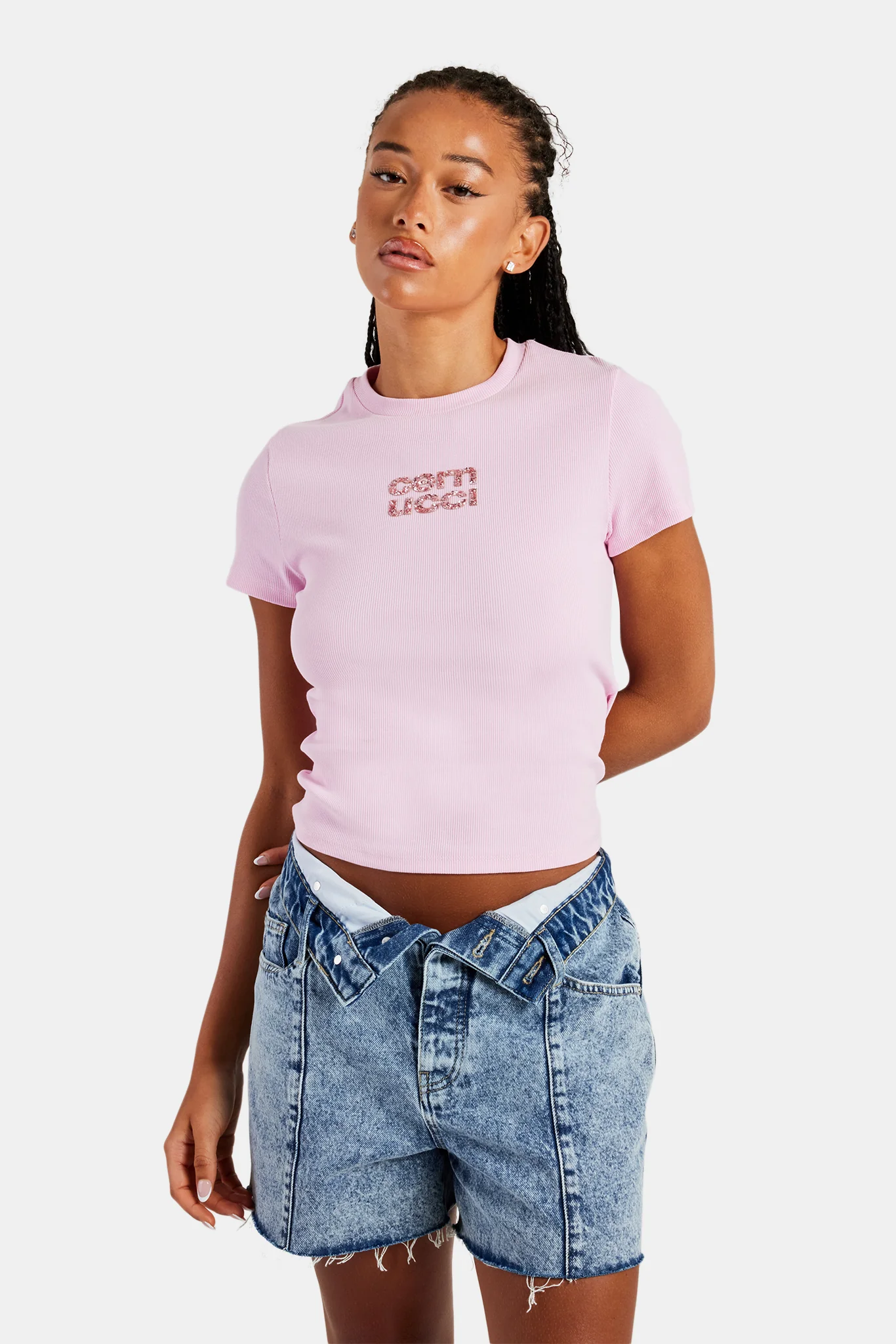 Rib Glitter Applique Baby Tee - Pink - Image 5