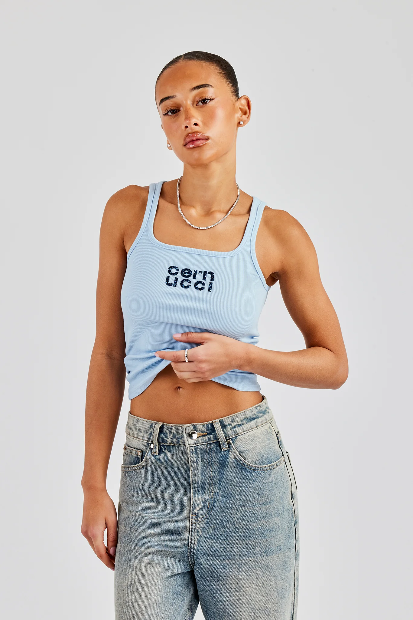 Rib Glitter Applique Vest Top - Baby Blue