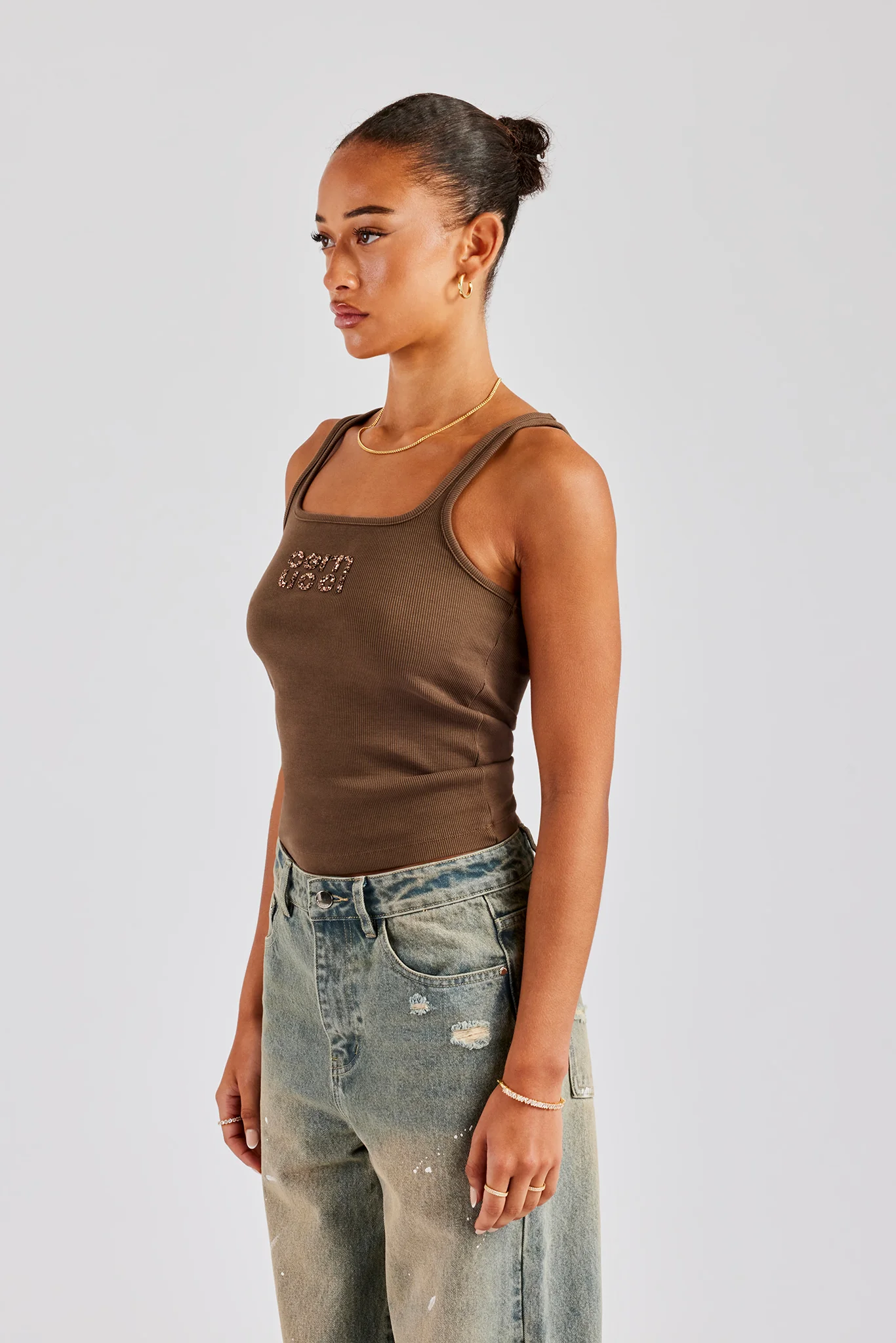 Rib Glitter Applique Vest Top Chocolate - Image 2