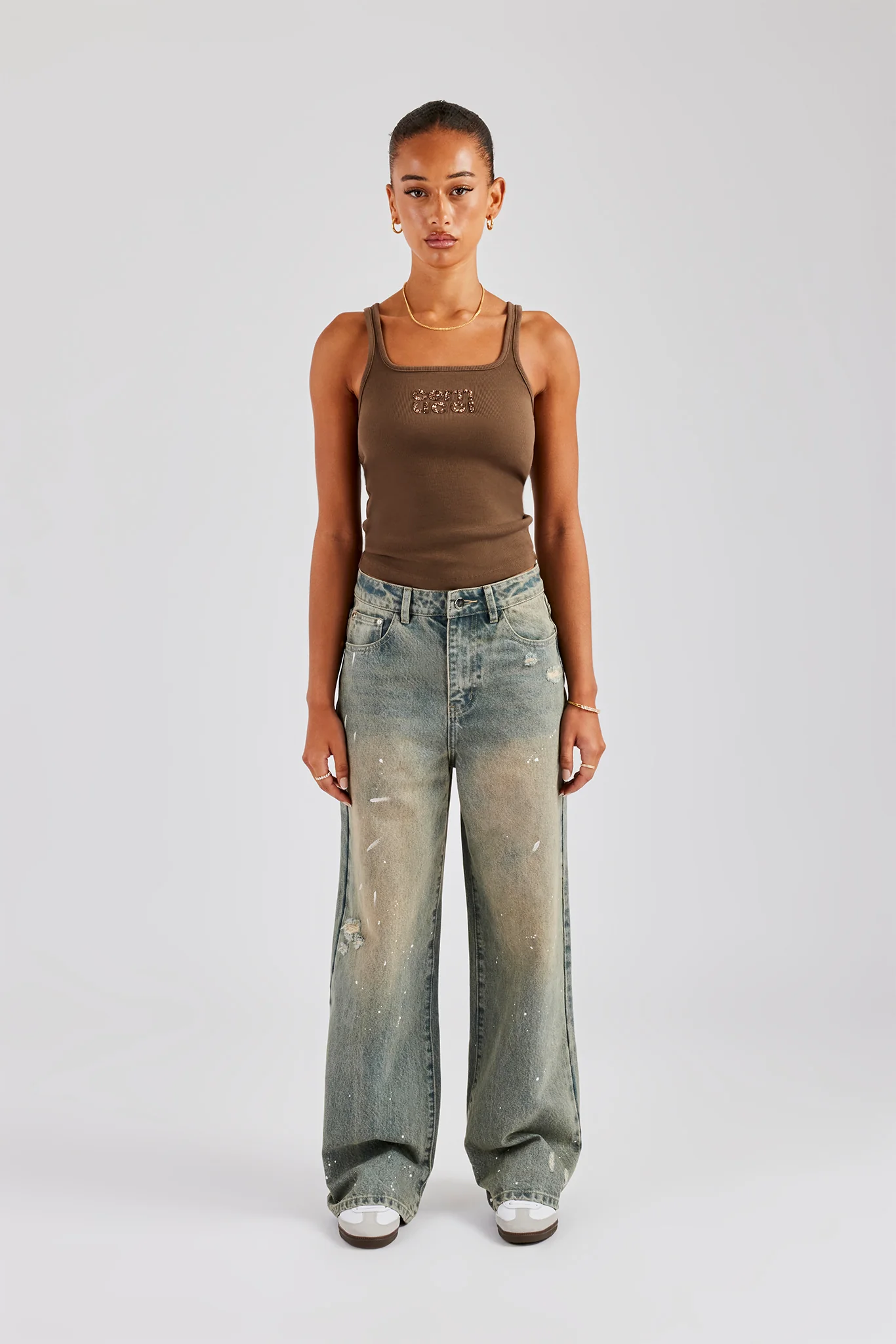 Rib Glitter Applique Vest Top Chocolate - Image 6