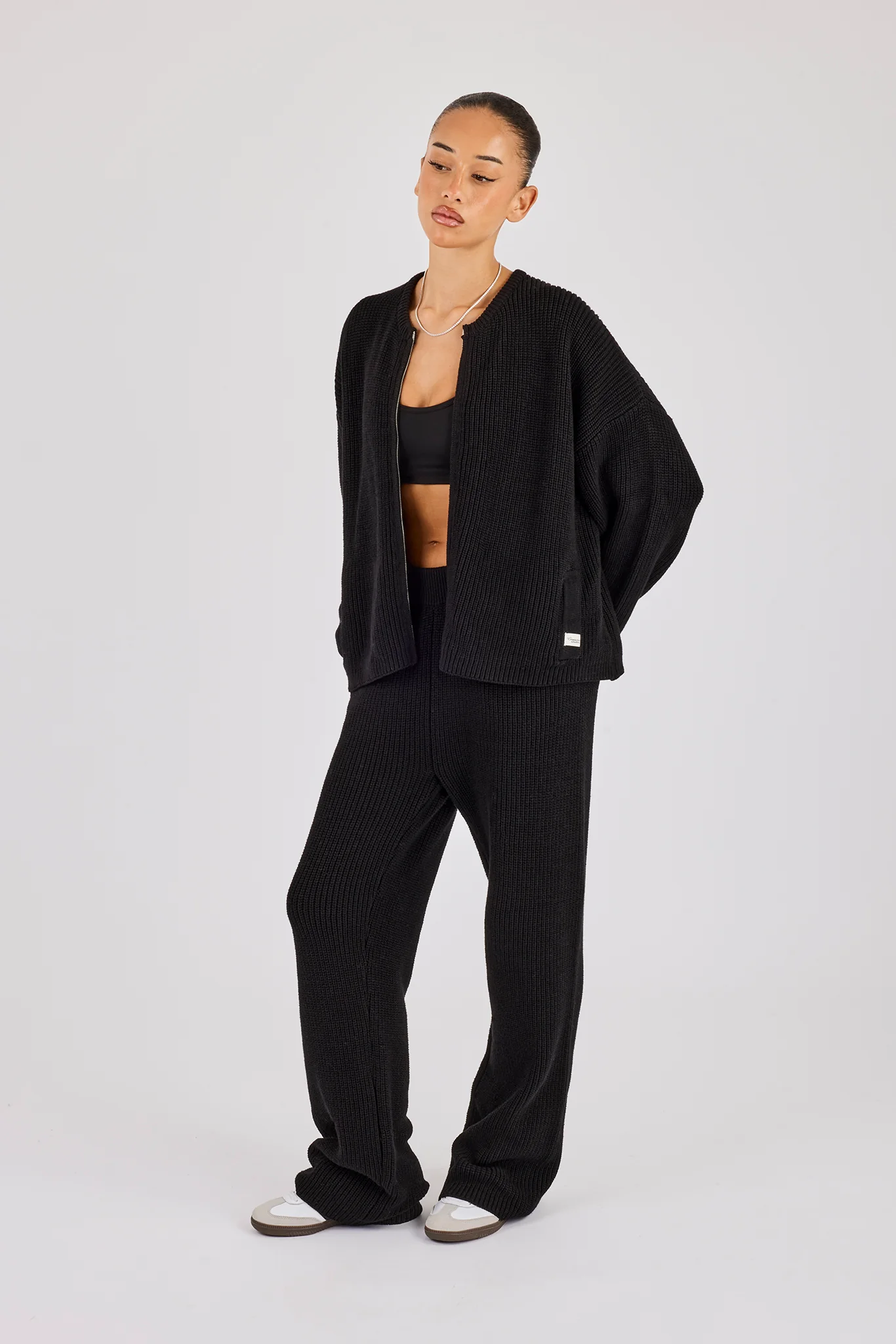 Rib Knit Collarless Bomber & Wide Leg Jogger - Black