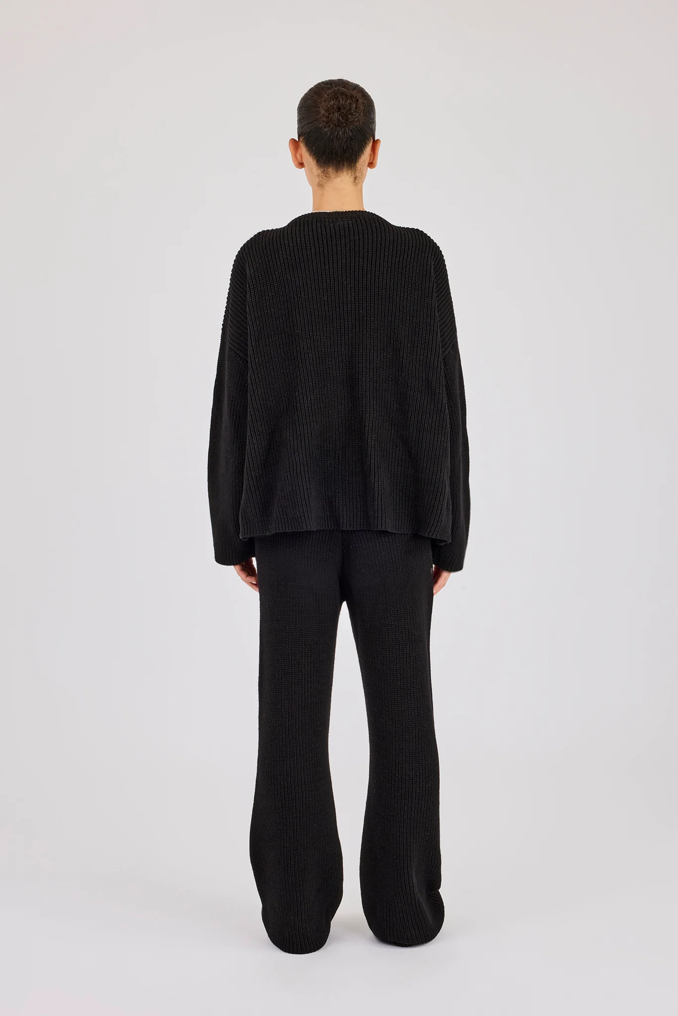 Rib Knit Collarless Bomber & Wide Leg Jogger - Black - Image 3