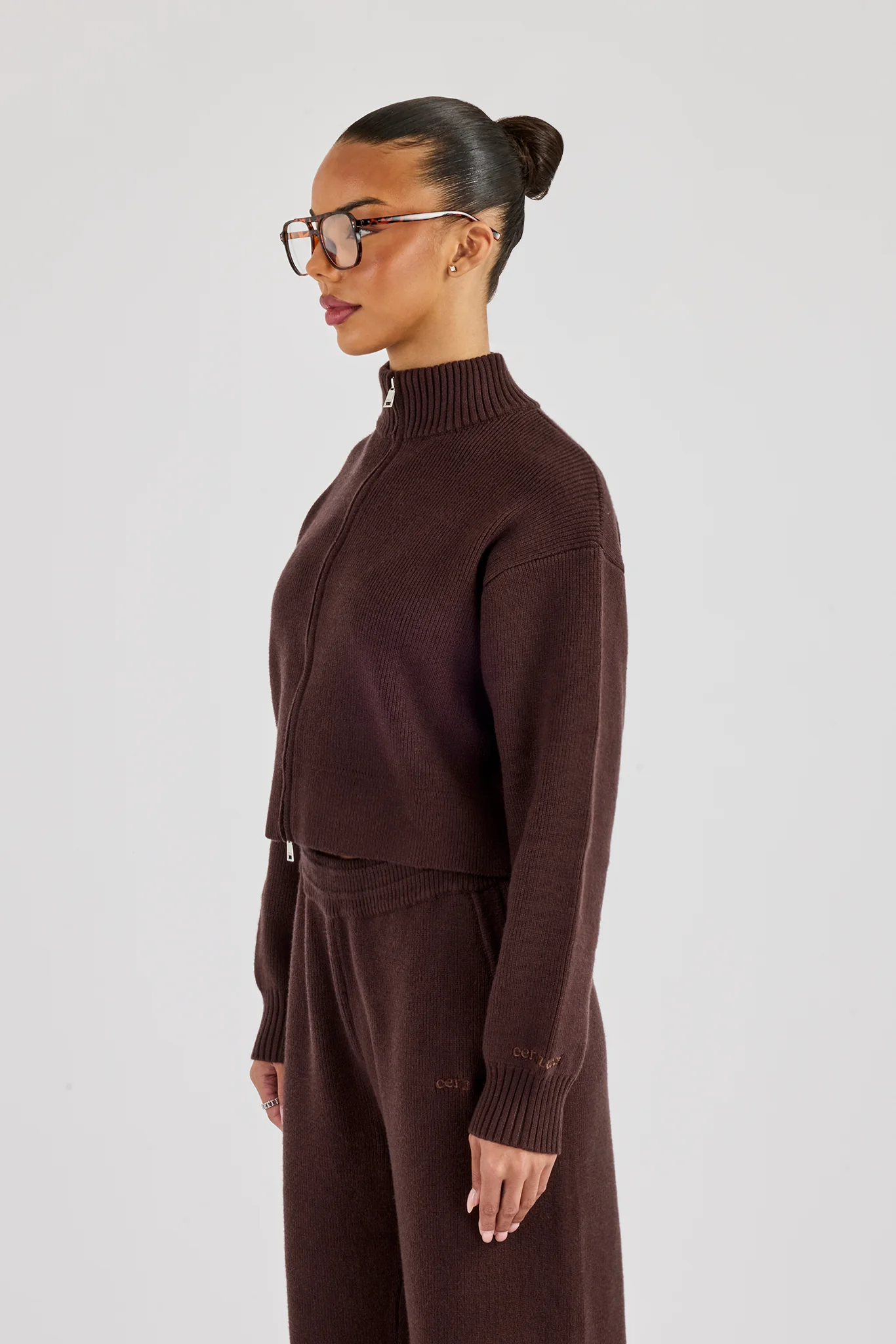 Rib Knit Zip Cropped Funnel Neck - Brown - Image 2