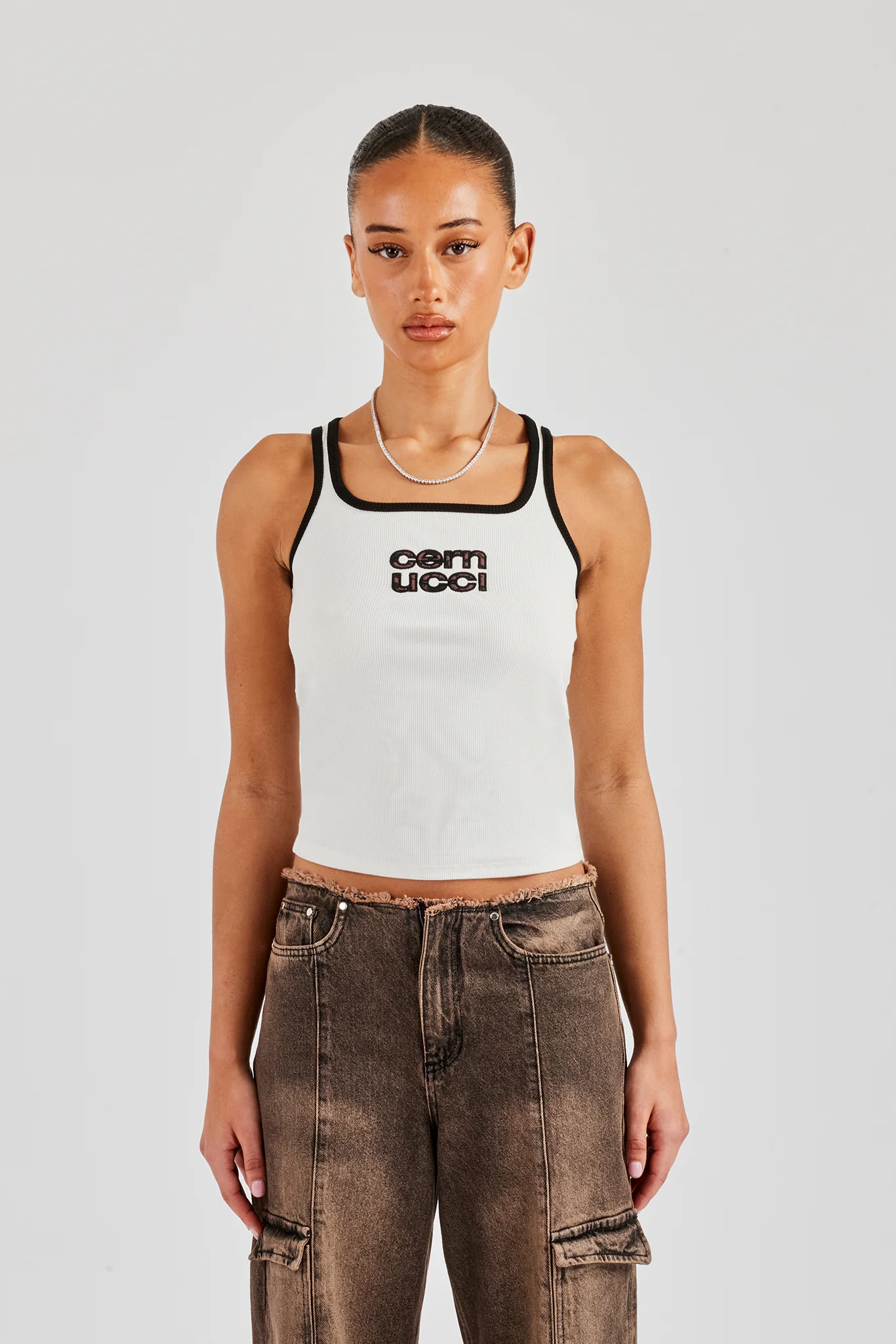 Rib Leopard Applique Vest Top - White - Image 3