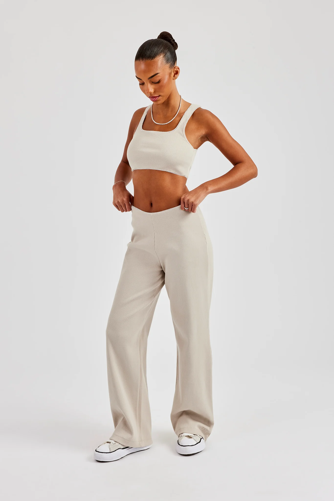Ribbed Cropped Tank Top with Trim Detail - Stone - Image 3