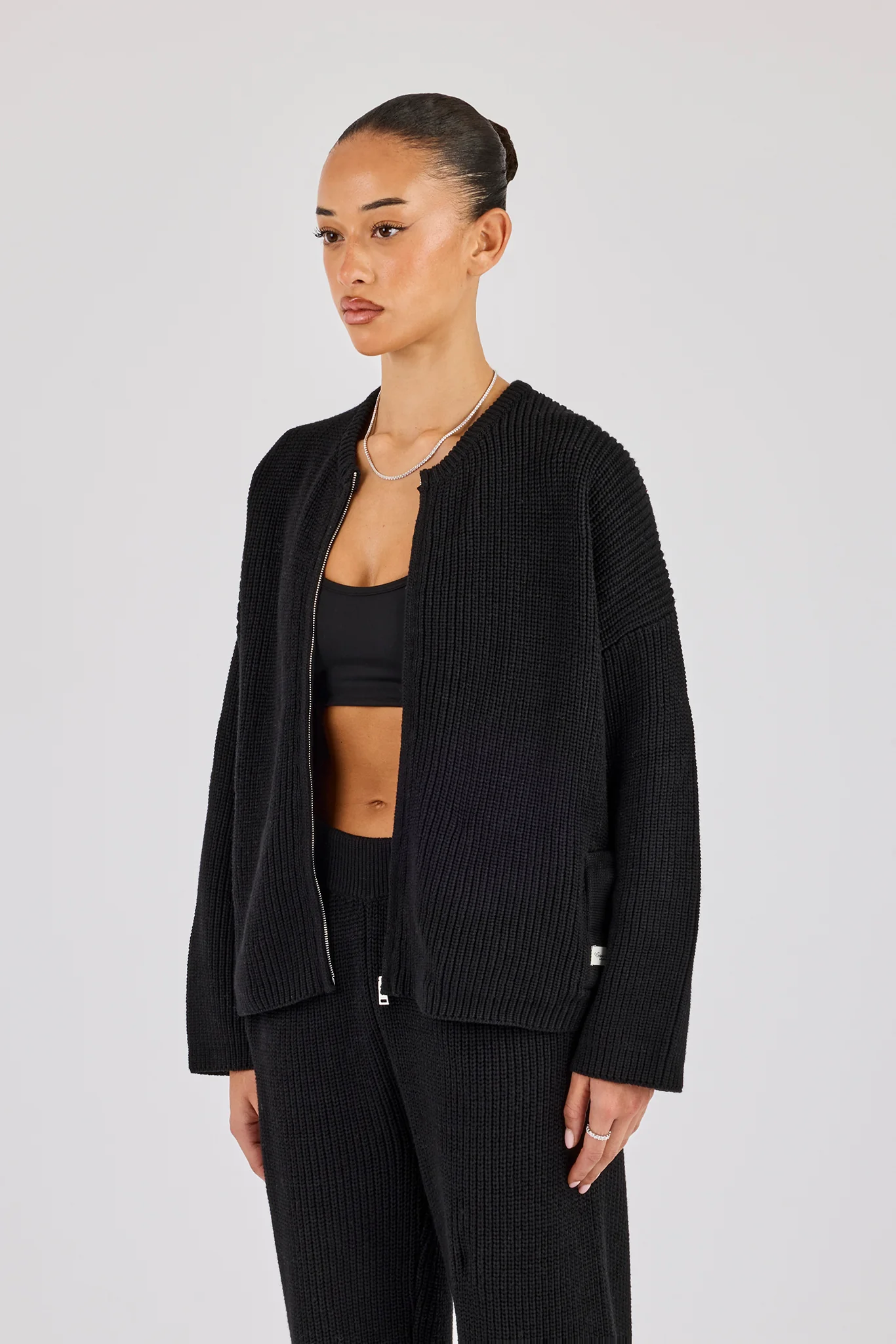 Ribbed Knit Collarless Bomber - Black - Image 2