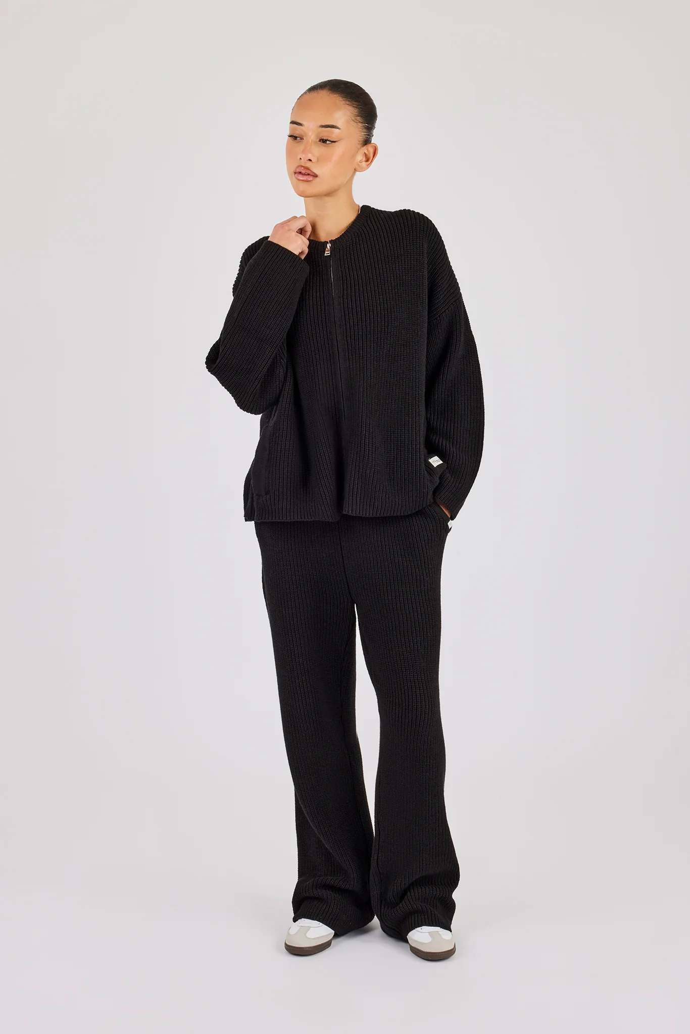 Ribbed Knit Collarless Bomber - Black - Image 4