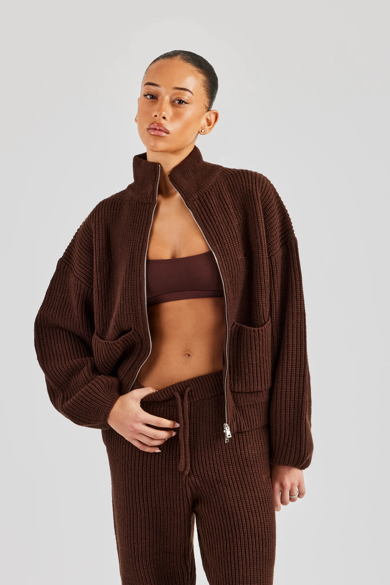 Ribbed Knitted Funnel Neck - Chocolate - Image 2