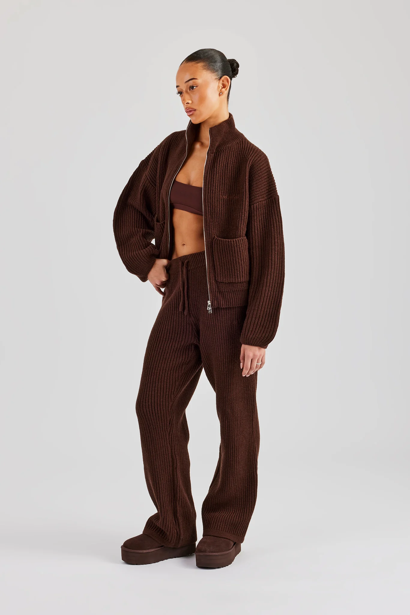 Ribbed Knitted Funnel Neck Sweater & Straight Leg Jogger - Chocolate - Image 3